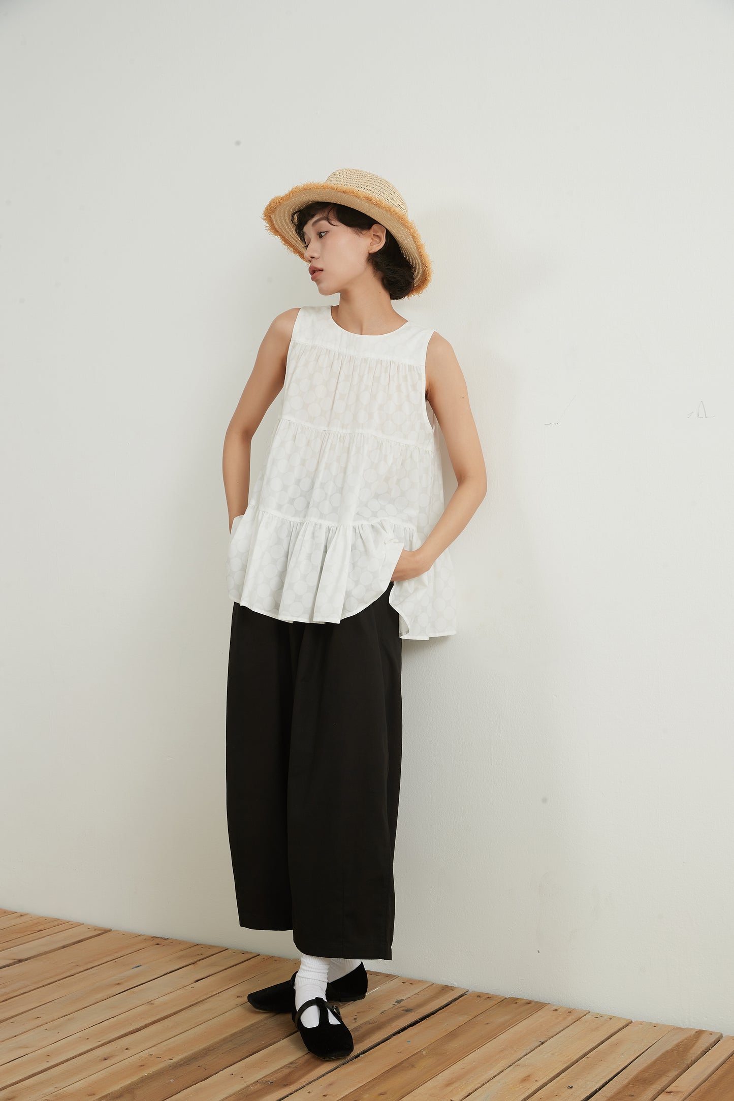 SHADOW DOTS COTTON TIERED TOP シャドー水玉ドットコットンスリーブレスティアードトップ