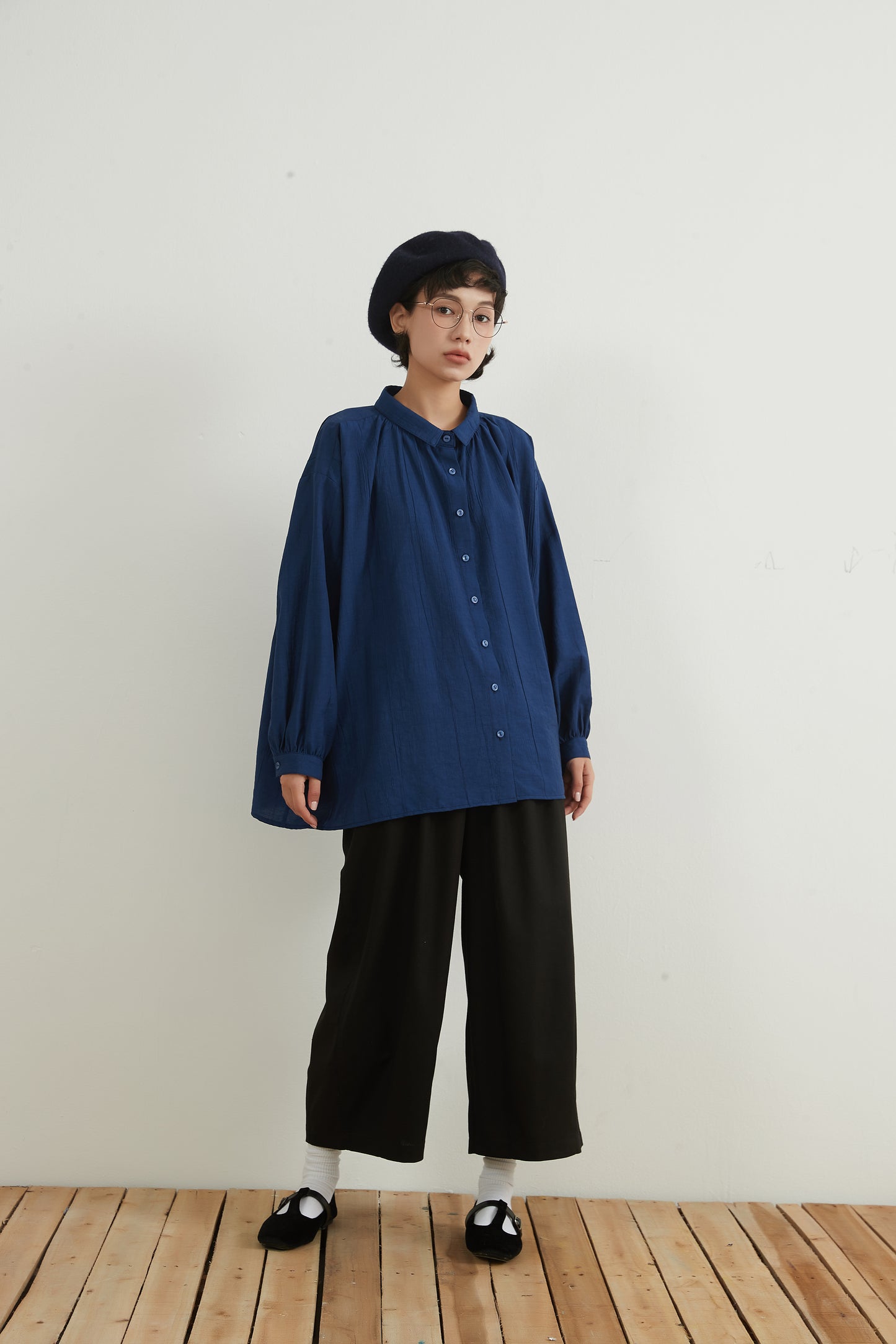 KNNP307・綿麻混ウェストゴムタックワイドパンツ・コクーンシルエットパンツ