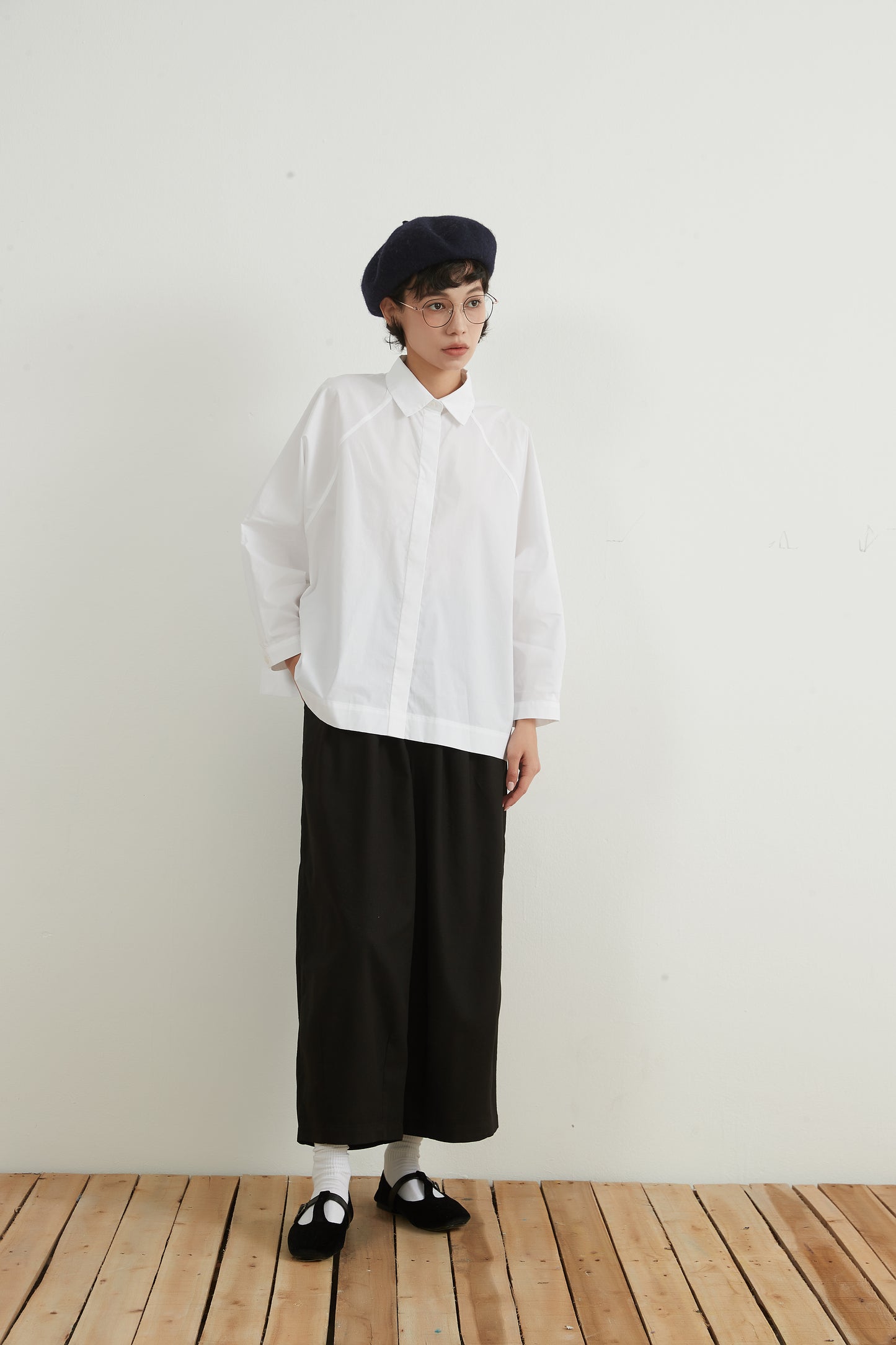 KNNC305・綿100ワイドスリーブ長袖ルーズフィットBOXYシャツ