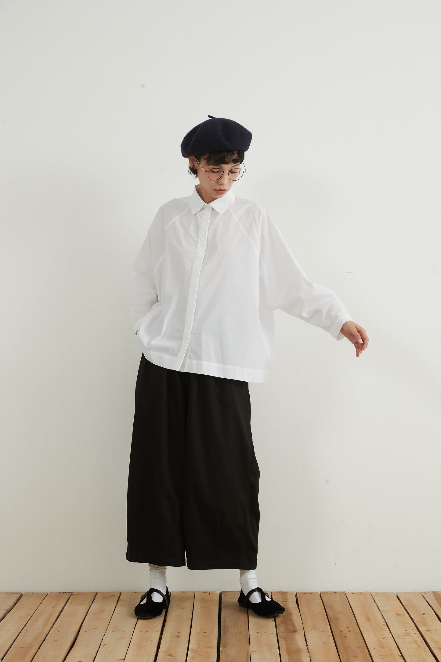 KNNC305・綿100ワイドスリーブ長袖ルーズフィットBOXYシャツ