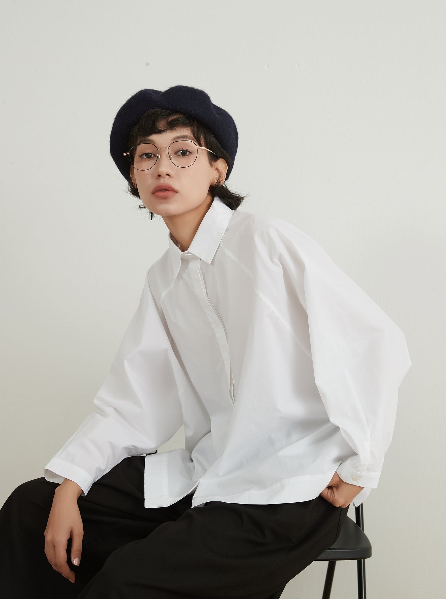 KNNC305・綿100ワイドスリーブ長袖ルーズフィットBOXYシャツ