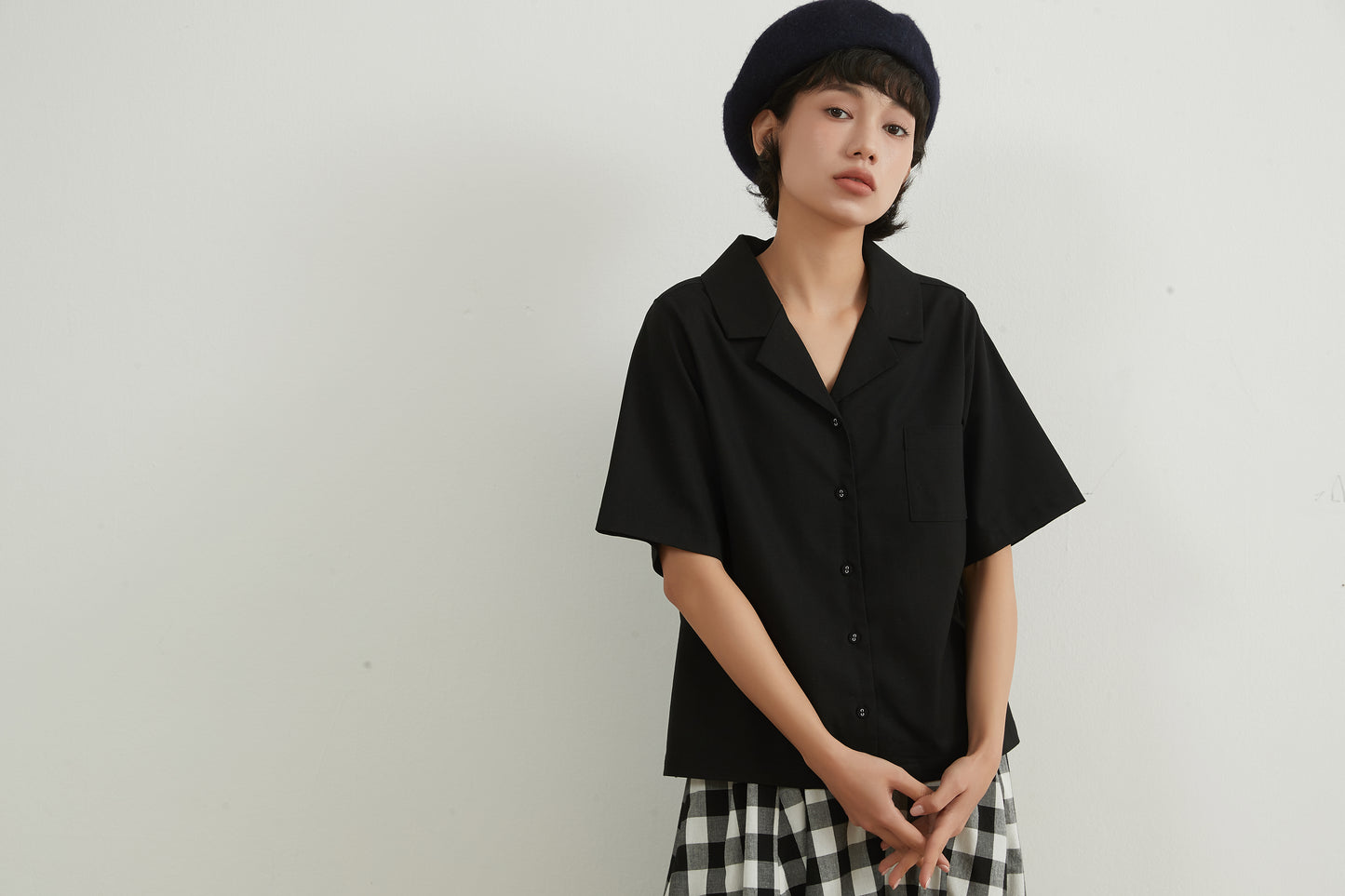 KNNC316・リネンコットンキャンプカラー半袖ボタンシャツ綿麻混夏定番トップス