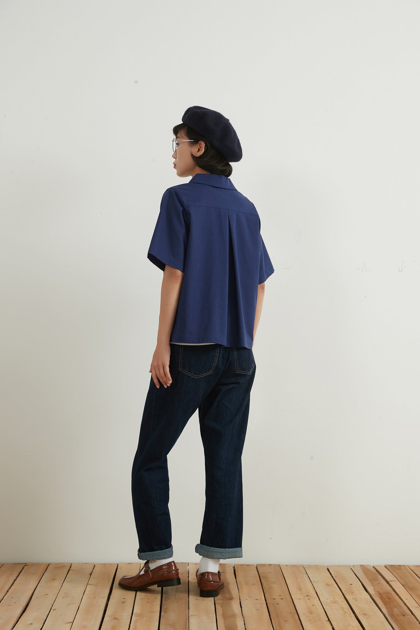 KNNC316・リネンコットンキャンプカラー半袖ボタンシャツ綿麻混夏定番トップス