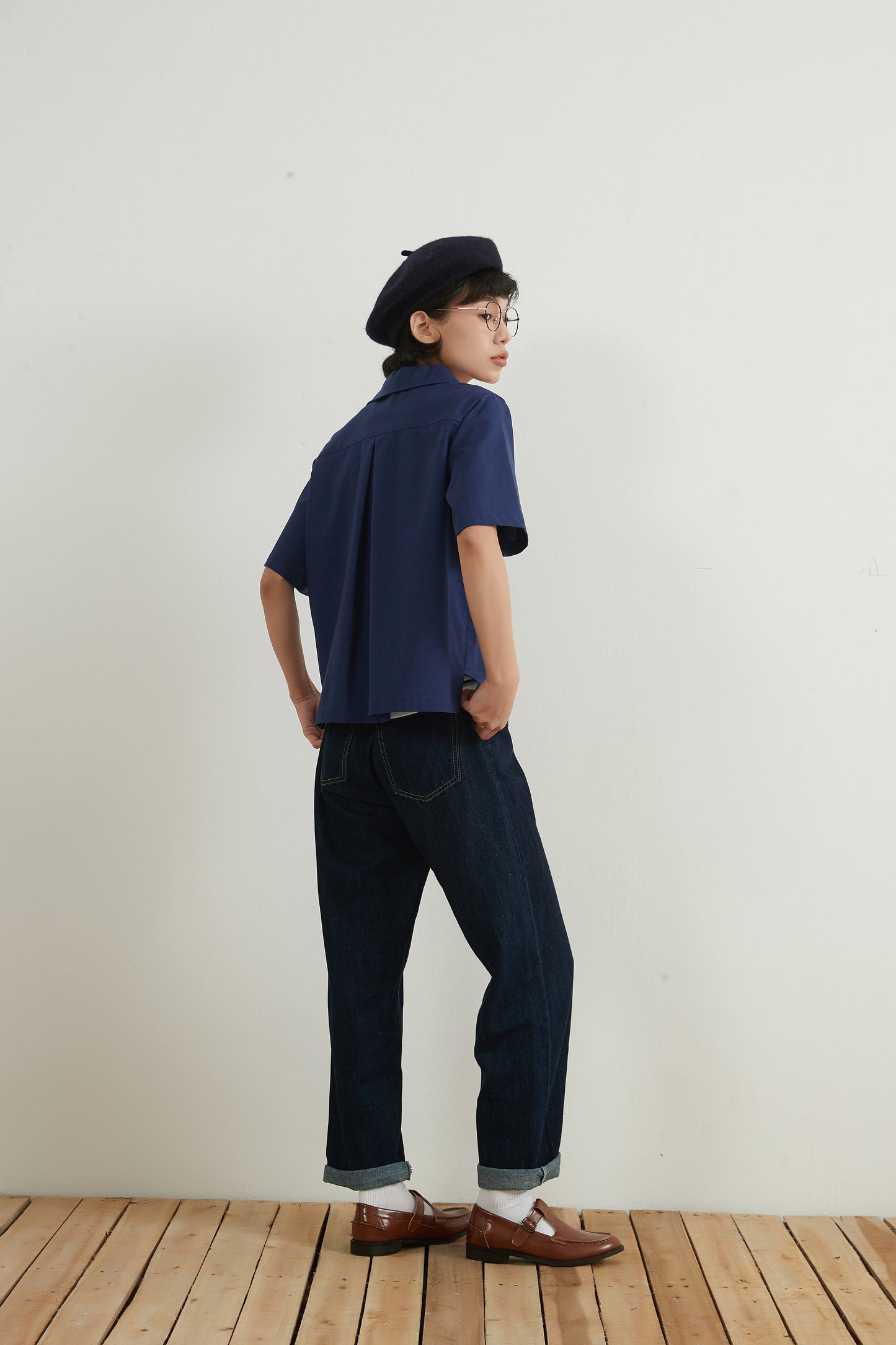 KNNC316・リネンコットンキャンプカラー半袖ボタンシャツ綿麻混夏定番トップス