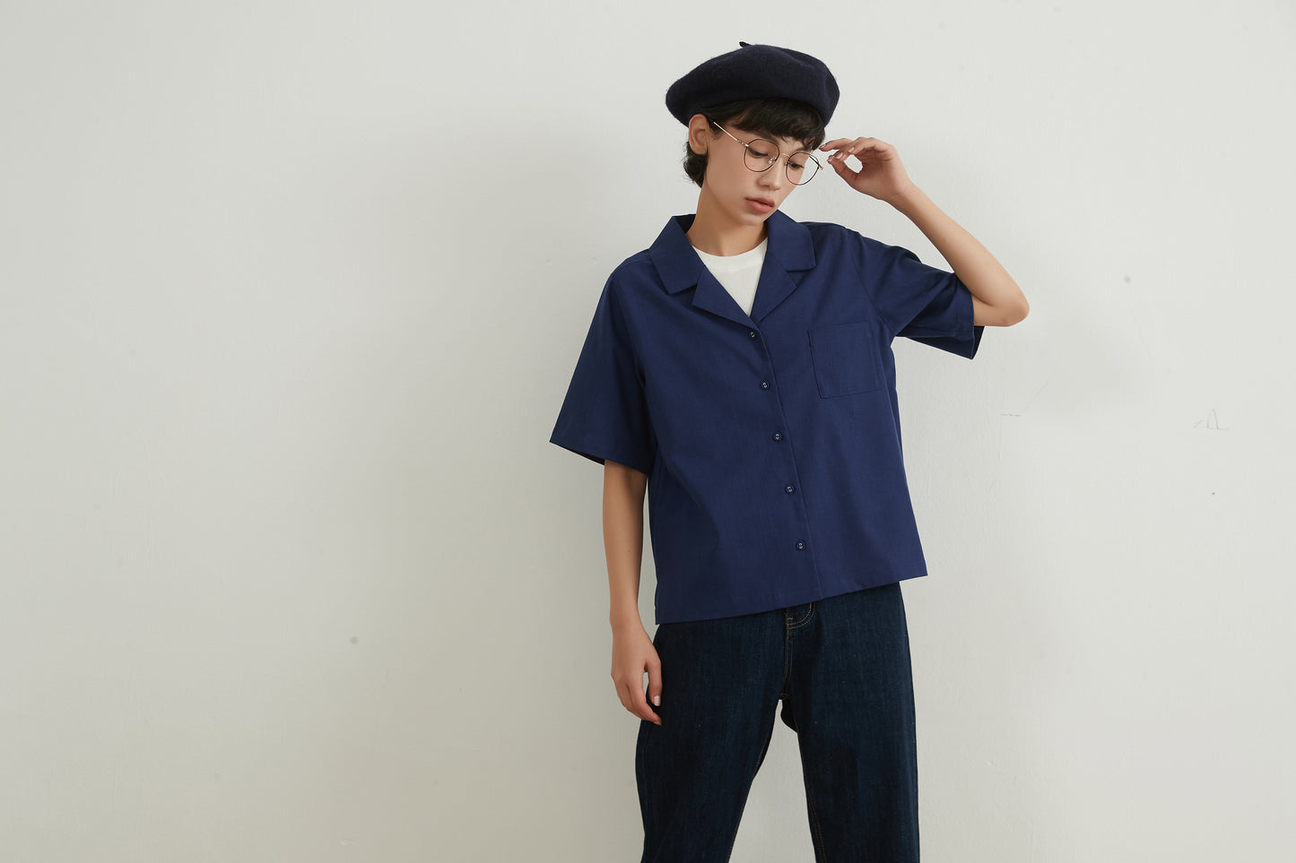 KNNC316・リネンコットンキャンプカラー半袖ボタンシャツ綿麻混夏定番トップス