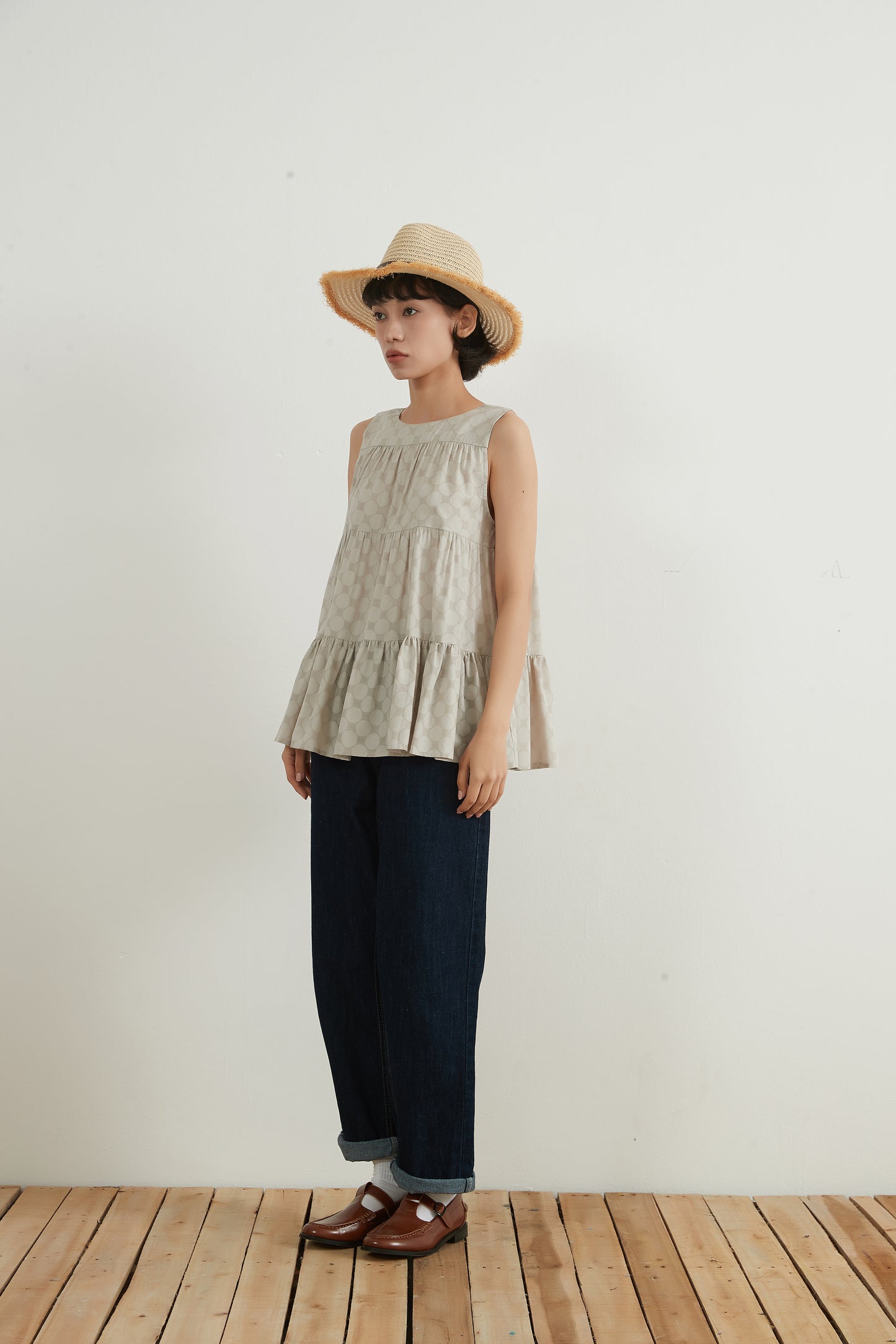 SHADOW DOTS COTTON TIERED TOP シャドー水玉ドットコットンスリーブレスティアードトップ