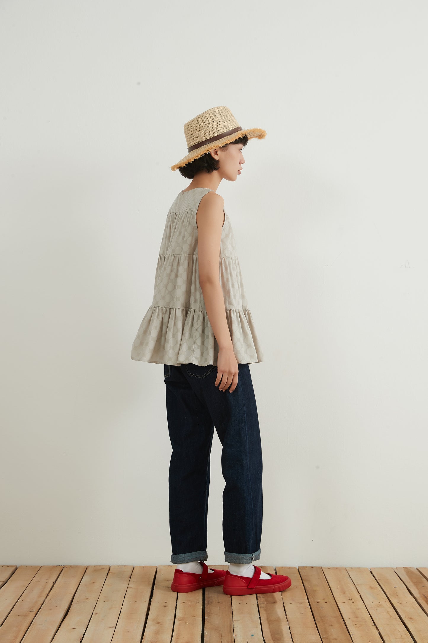 SHADOW DOTS COTTON TIERED TOP シャドー水玉ドットコットンスリーブレスティアードトップ