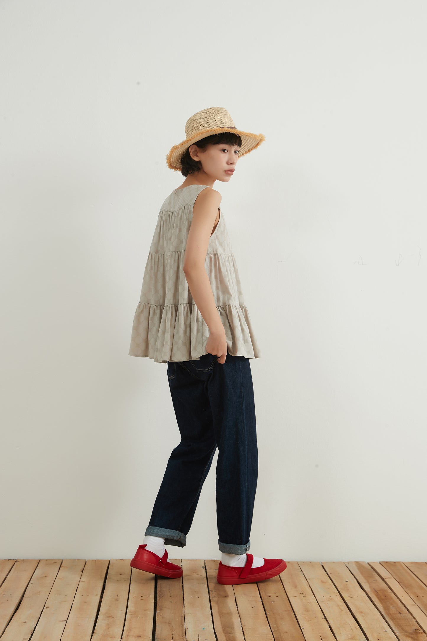 SHADOW DOTS COTTON TIERED TOP シャドー水玉ドットコットンスリーブレスティアードトップ