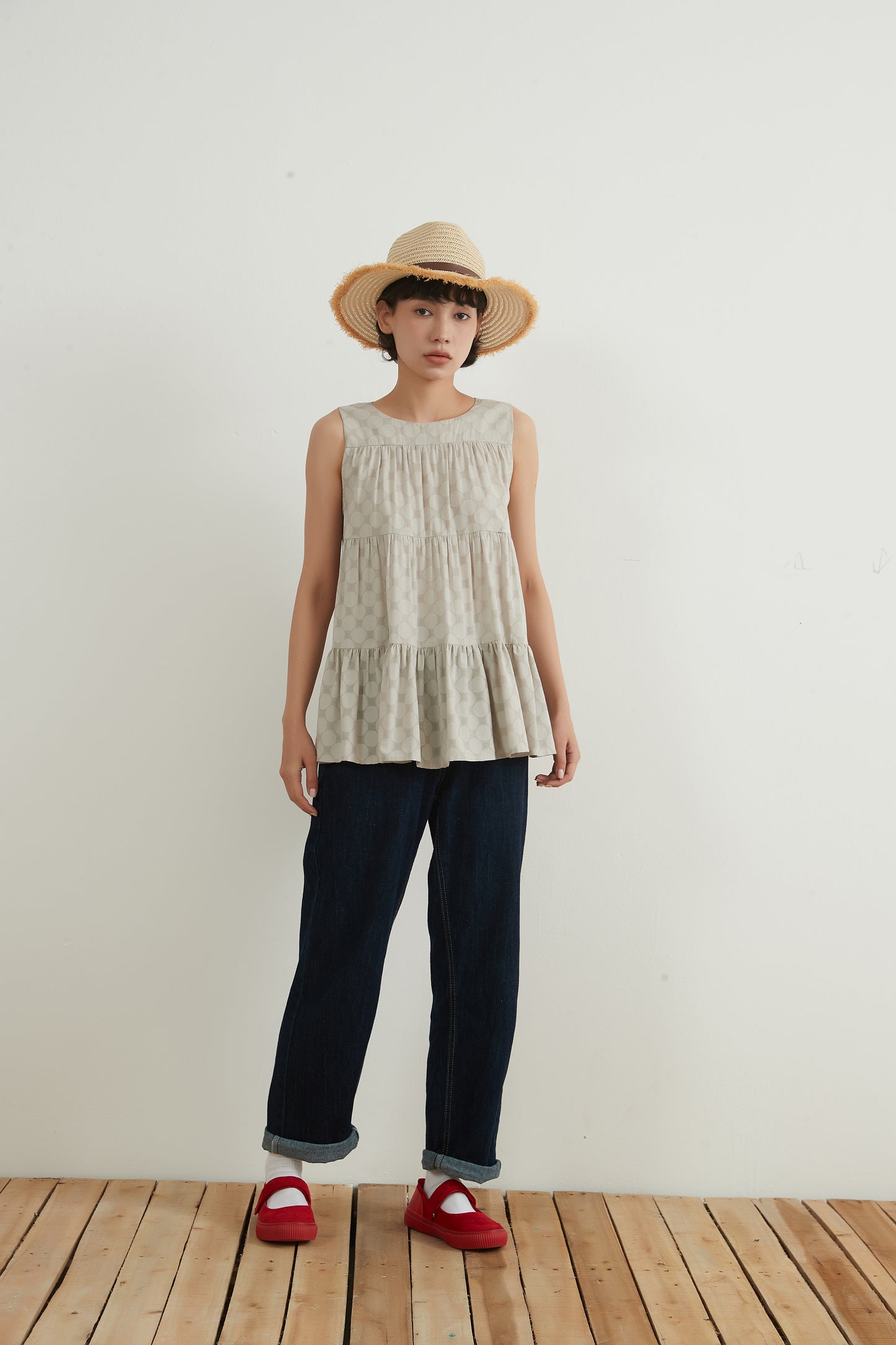 SHADOW DOTS COTTON TIERED TOP シャドー水玉ドットコットンスリーブレスティアードトップ