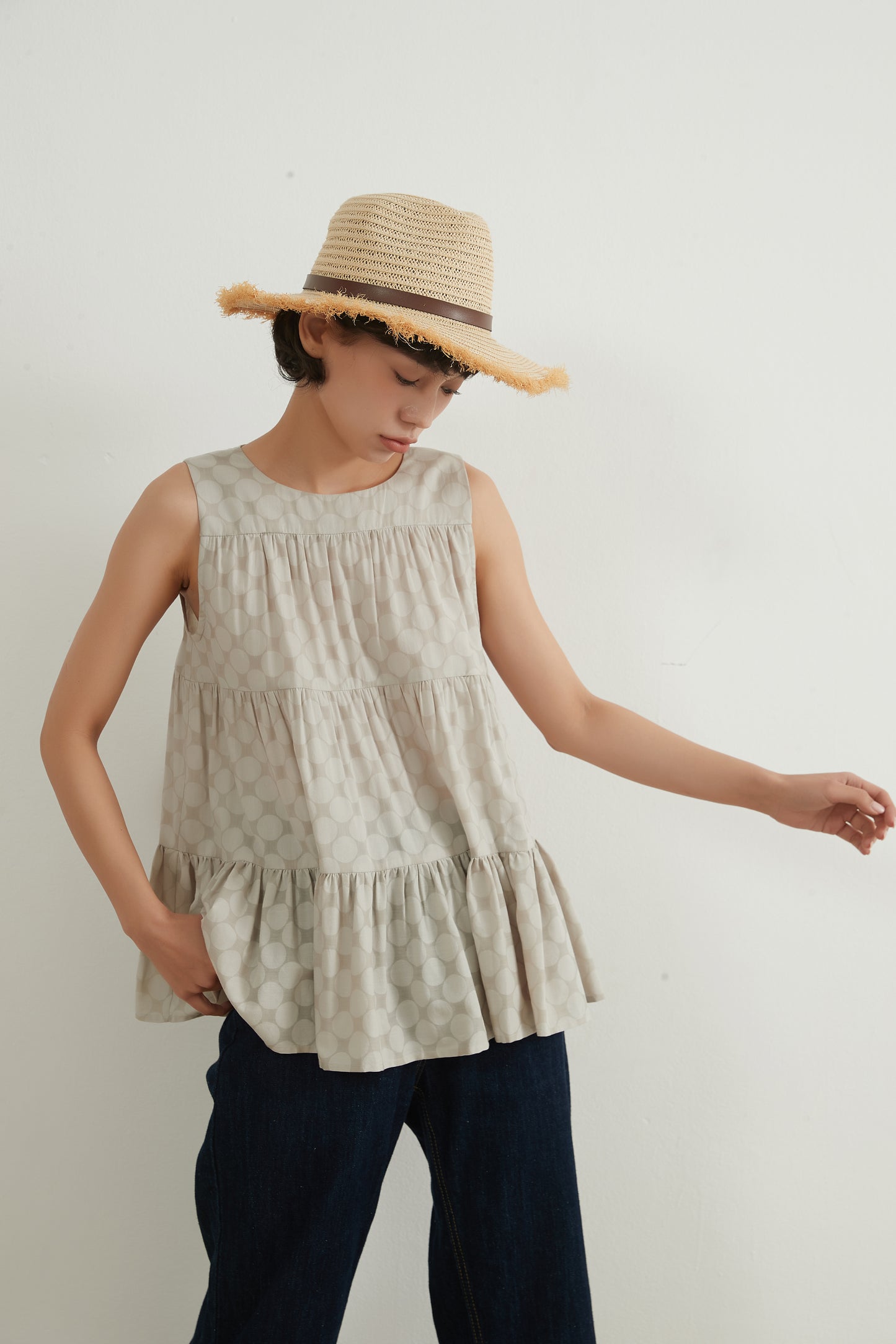SHADOW DOTS COTTON TIERED TOP シャドー水玉ドットコットンスリーブレスティアードトップ