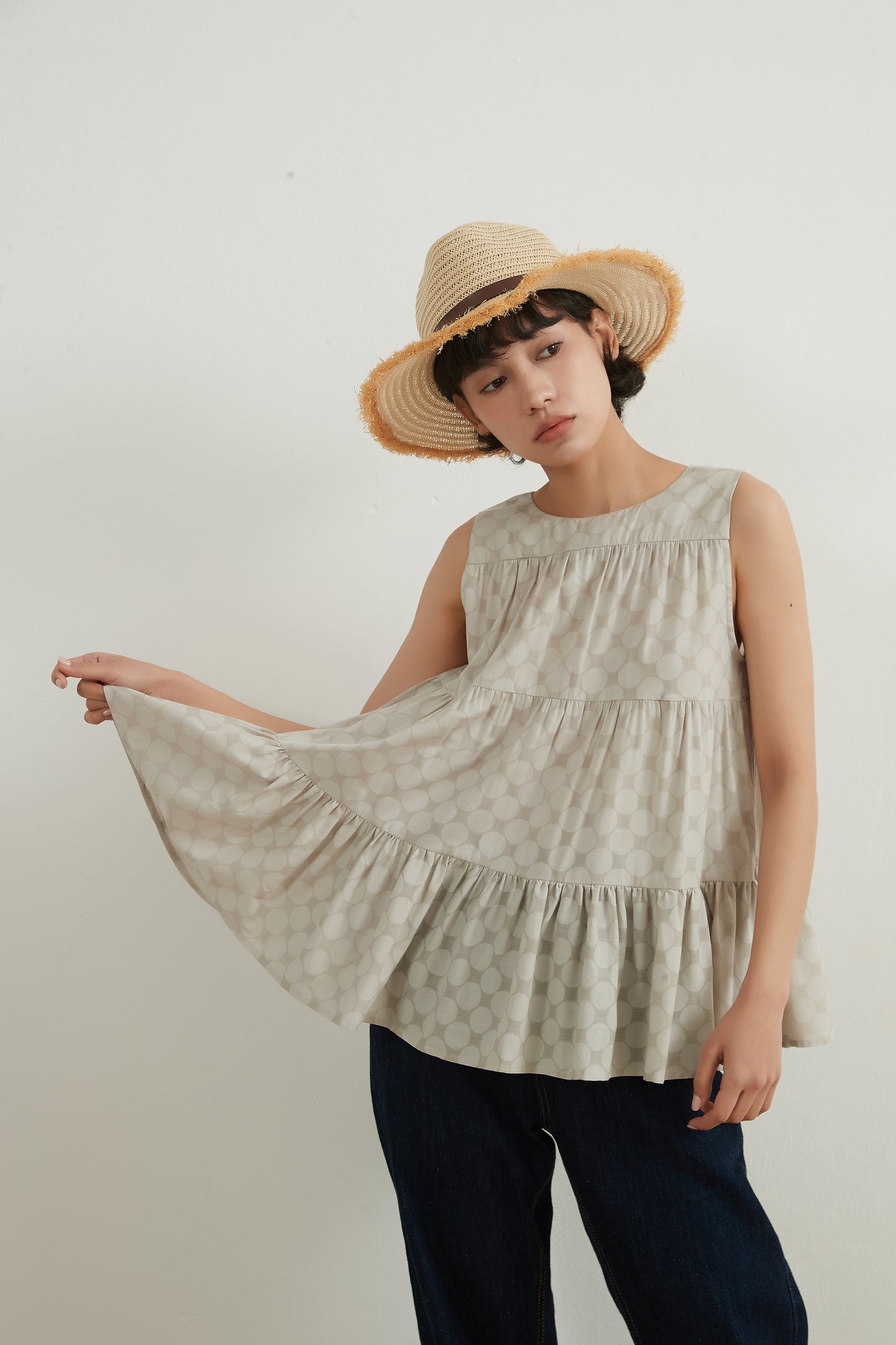 SHADOW DOTS COTTON TIERED TOP シャドー水玉ドットコットンスリーブレスティアードトップ