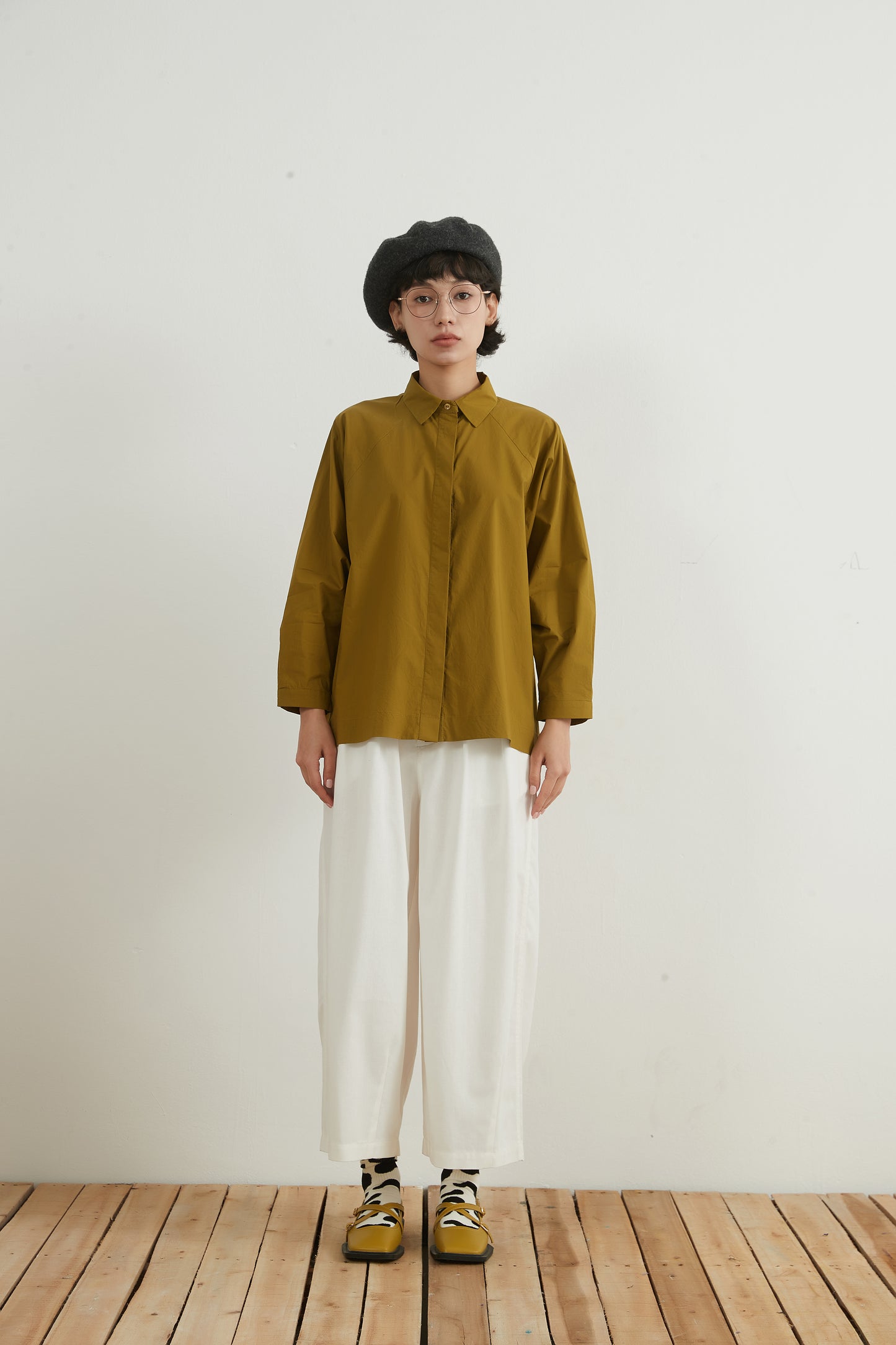 KNNC305・綿100ワイドスリーブ長袖ルーズフィットBOXYシャツ