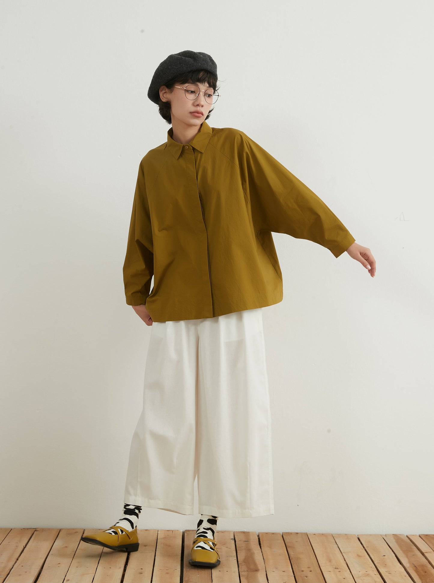 KNNC305・綿100ワイドスリーブ長袖ルーズフィットBOXYシャツ