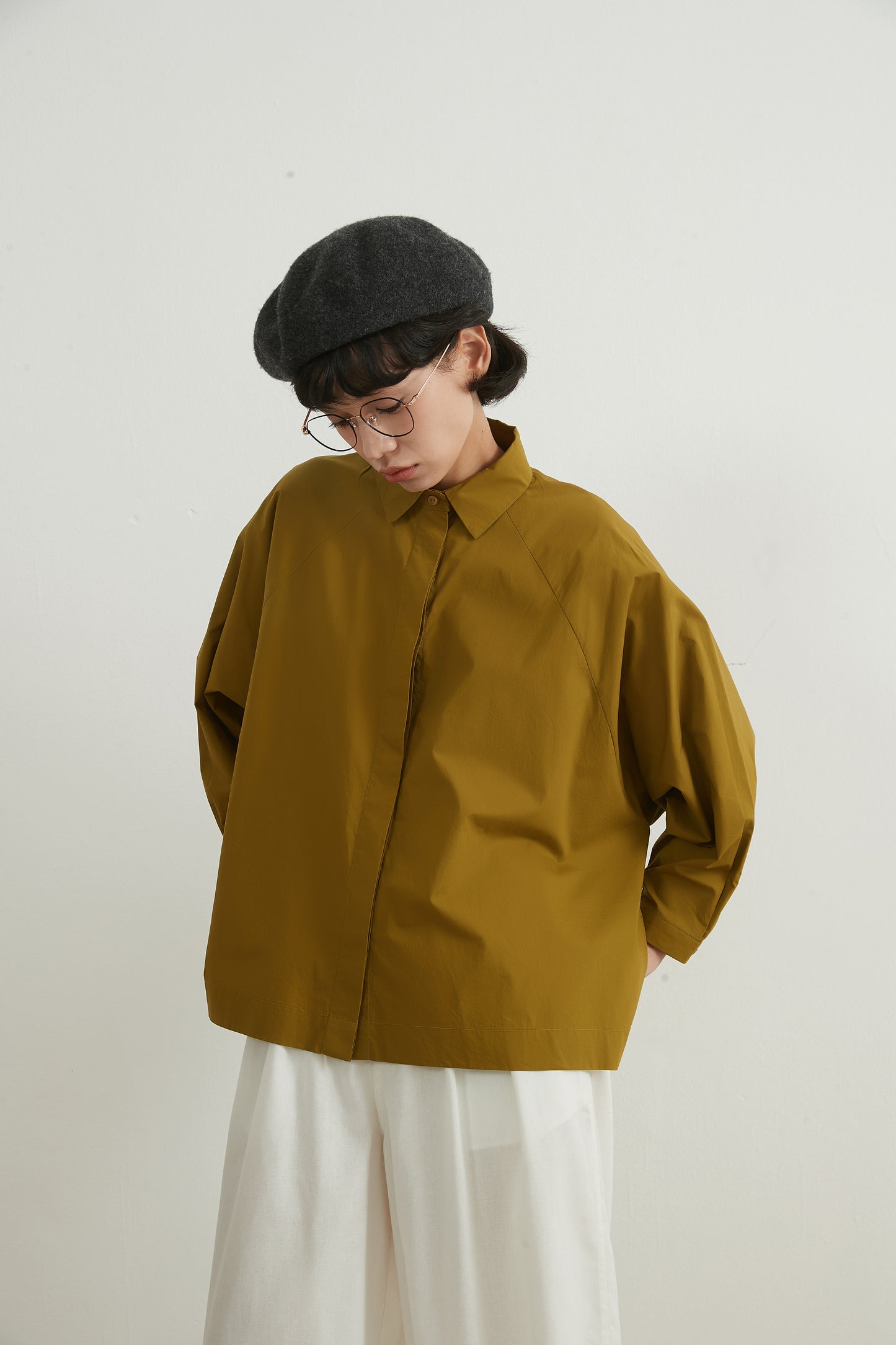 KNNC305・綿100ワイドスリーブ長袖ルーズフィットBOXYシャツ