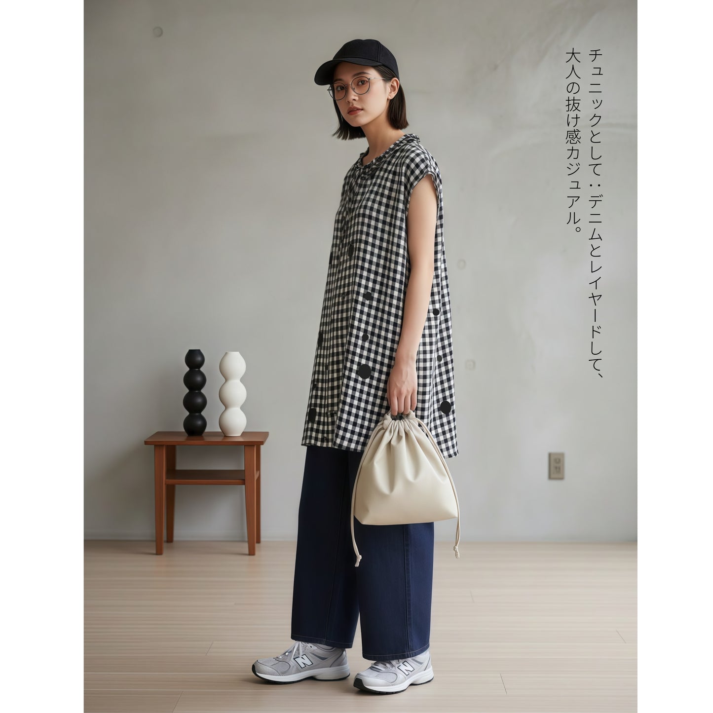 KNGT637・チェック水玉プリントフリル衿のとろみデシンチュニック丈ノースリーブワンピース