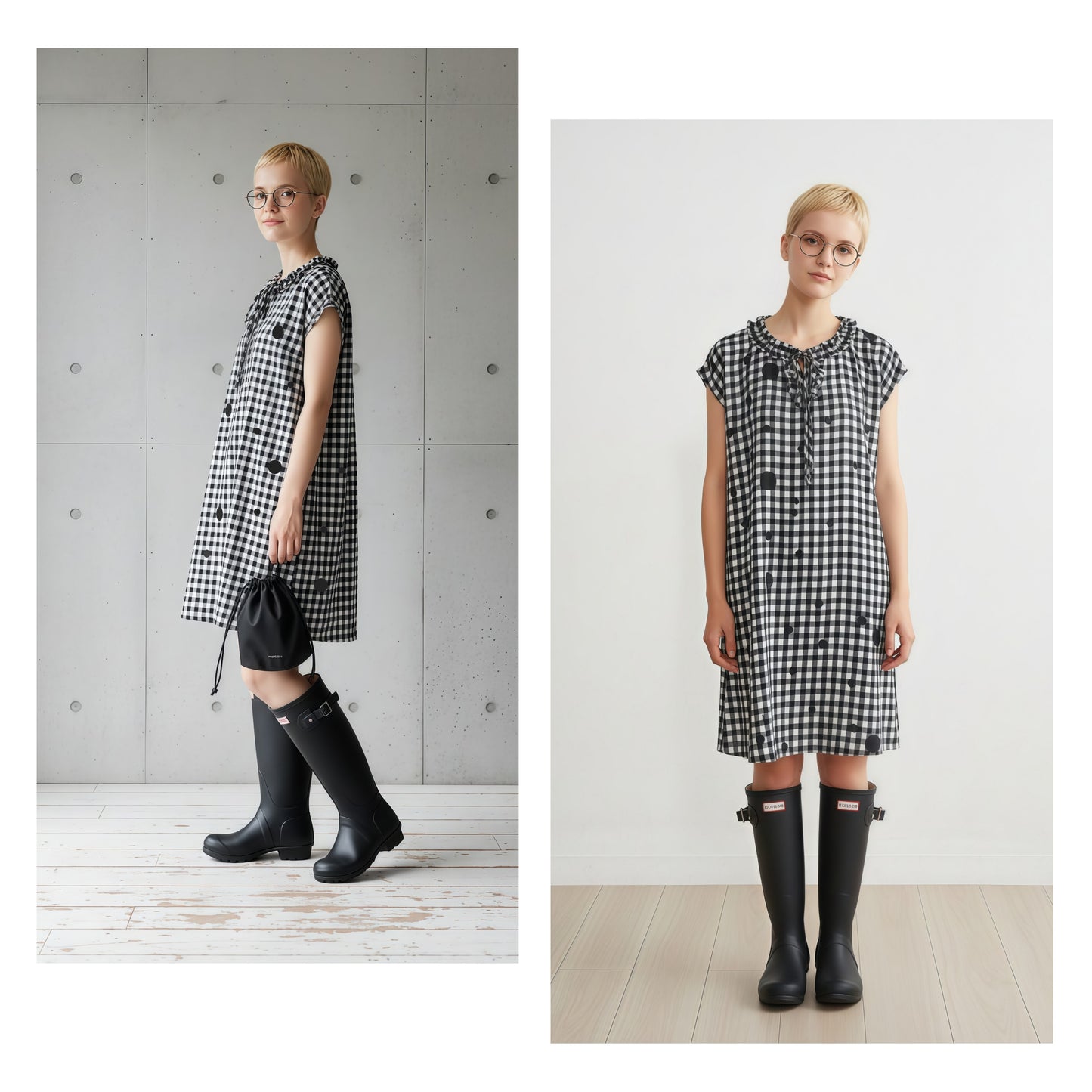 KNGT637・チェック水玉プリントフリル衿のとろみデシンチュニック丈ノースリーブワンピース