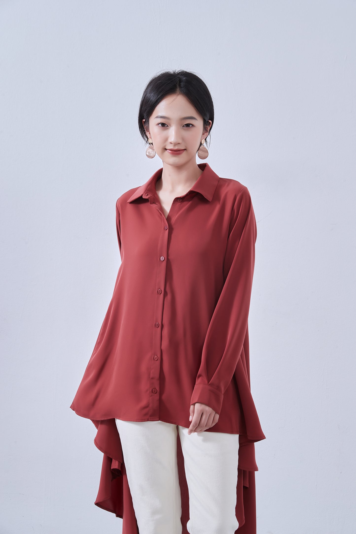 KNNT367-Long back flare blouse, long sleeve shirt, blair back, tunic