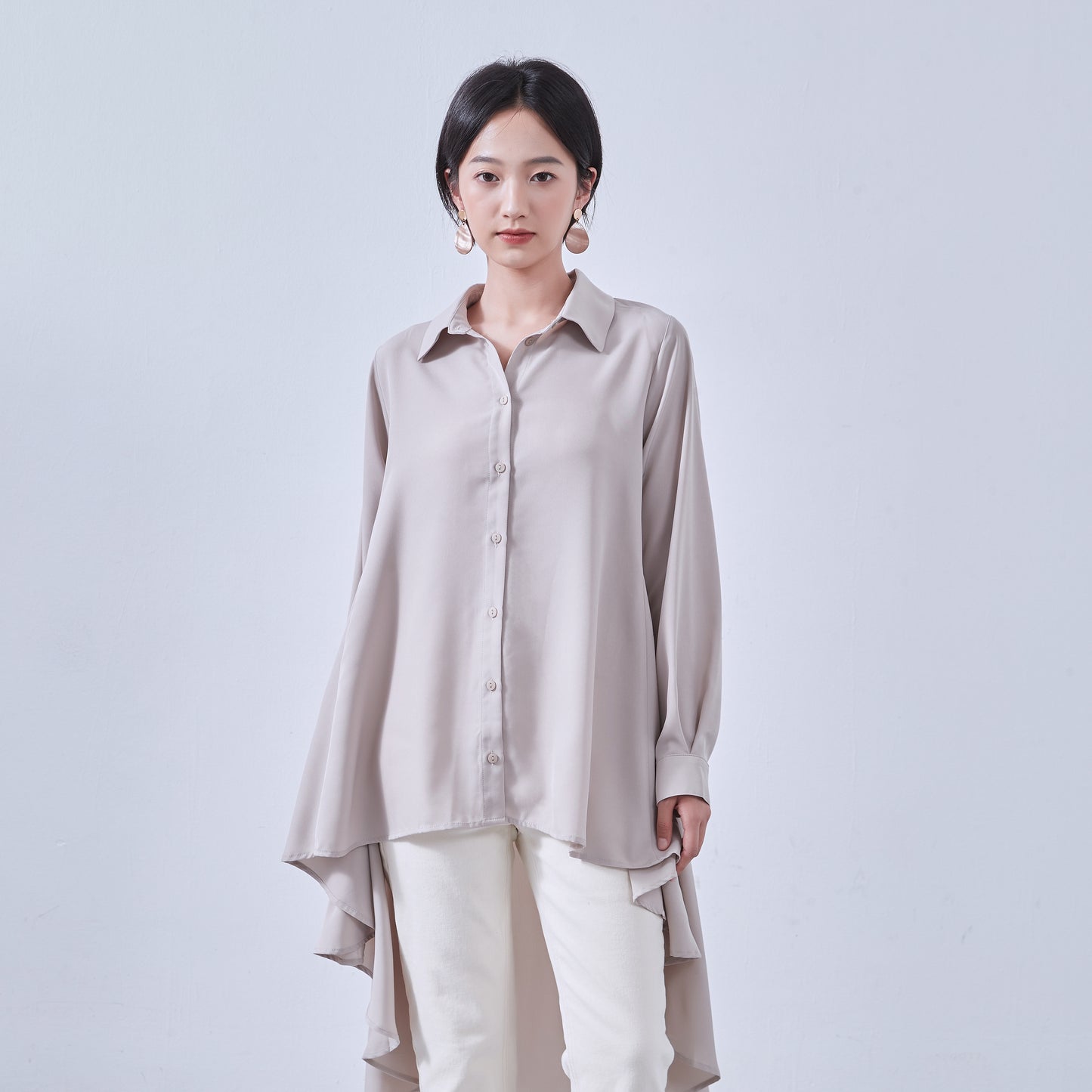 KNNT367-Long back flare blouse, long sleeve shirt, blair back, tunic