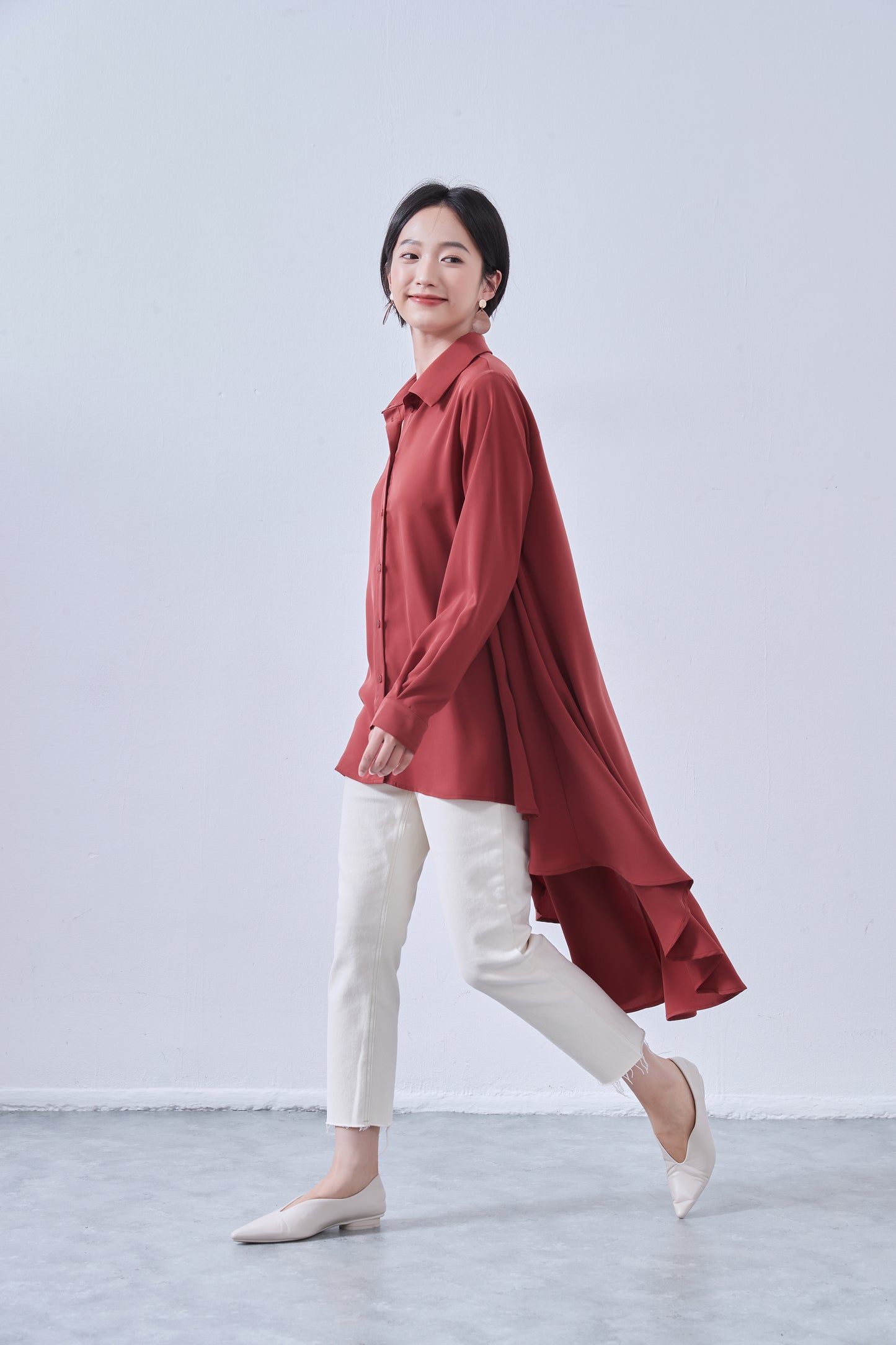 KNNT367-Long back flare blouse, long sleeve shirt, blair back, tunic