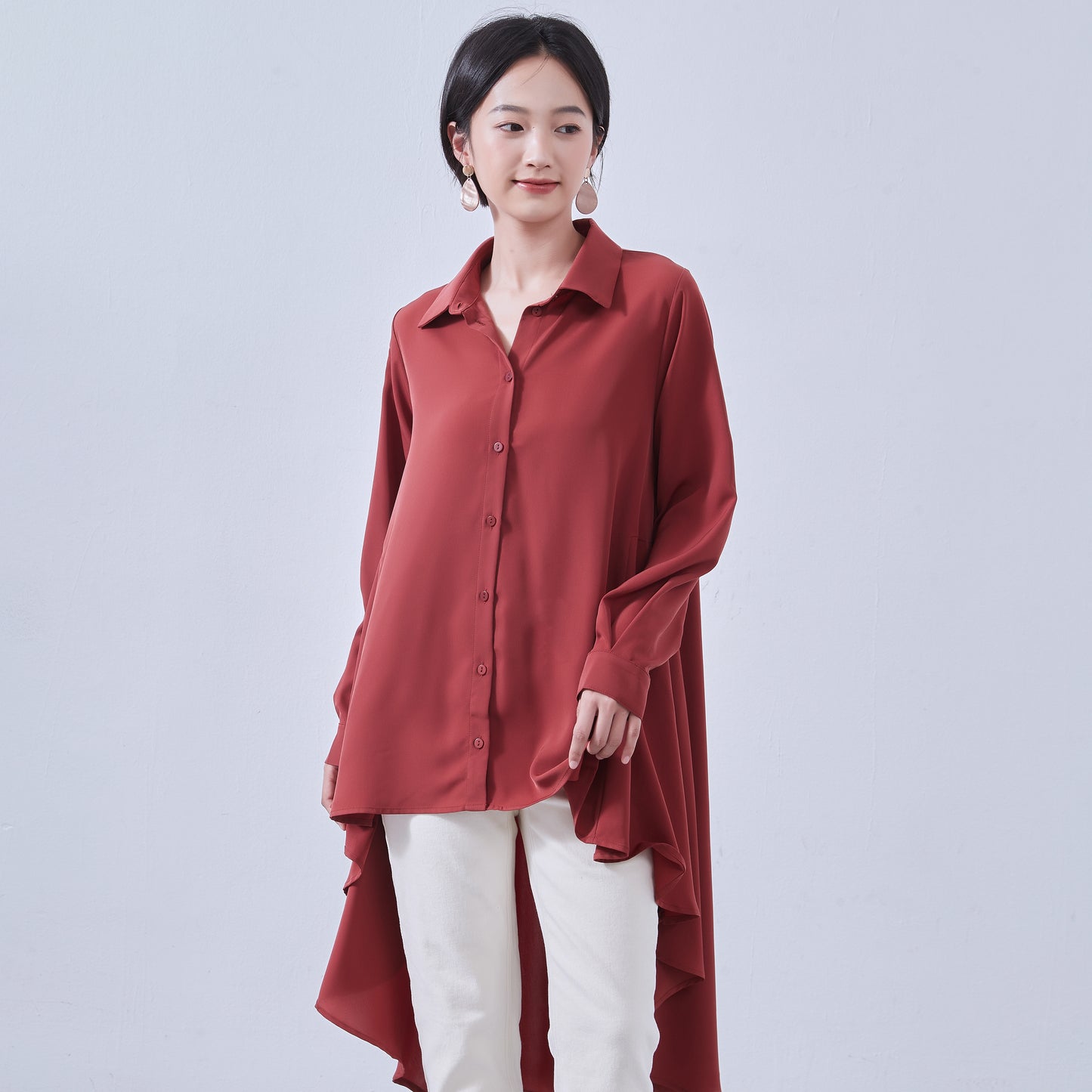 KNNT367-Long back flare blouse, long sleeve shirt, blair back, tunic