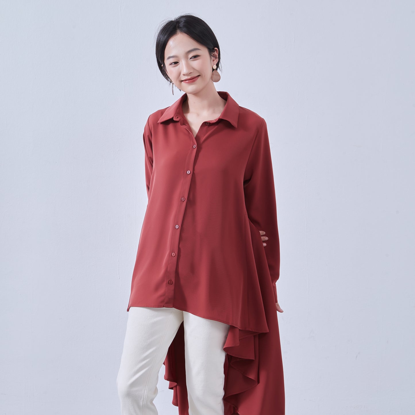 KNNT367-Long back flare blouse, long sleeve shirt, blair back, tunic