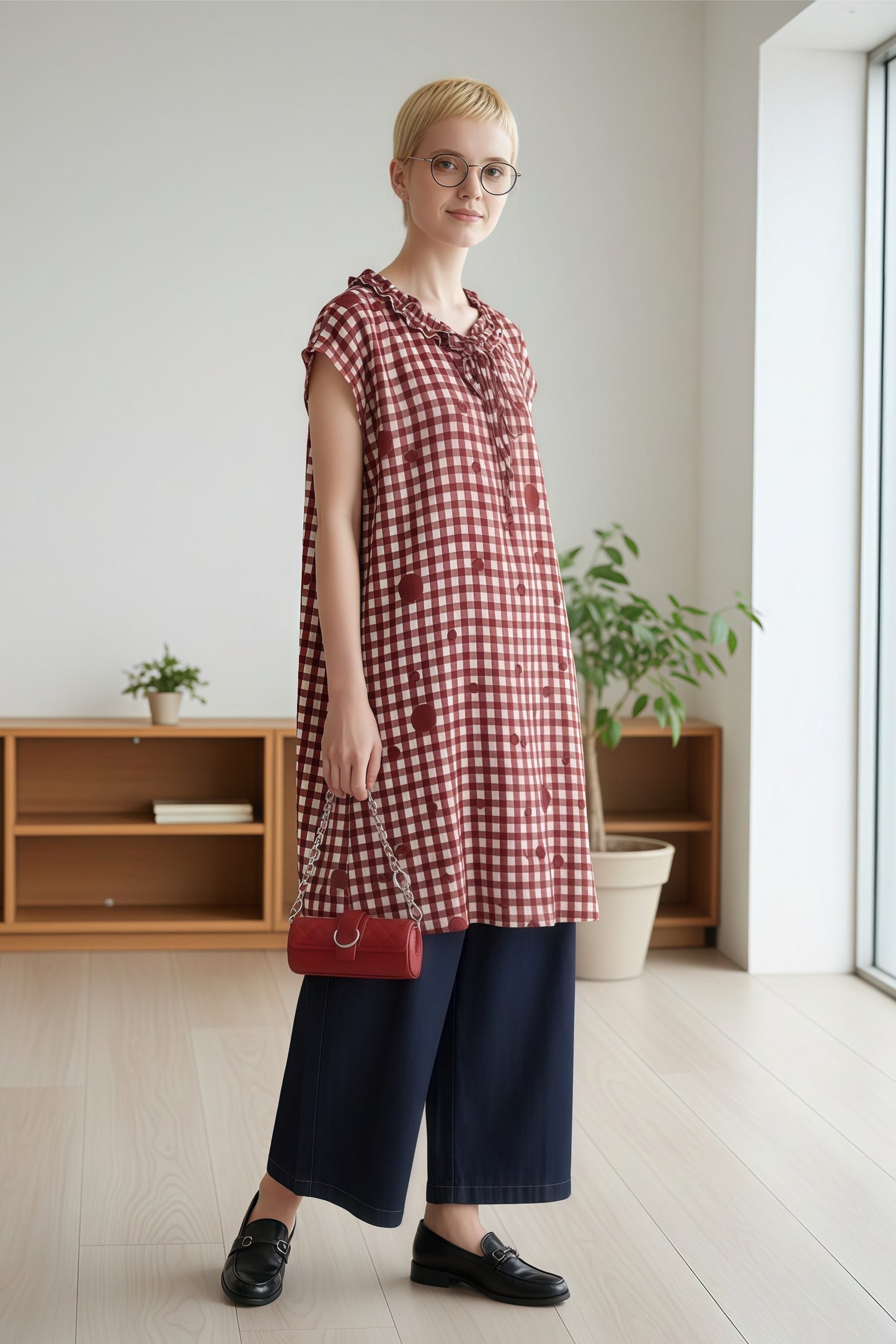 KNGT637・チェック水玉プリントフリル衿のとろみデシンチュニック丈ノースリーブワンピース