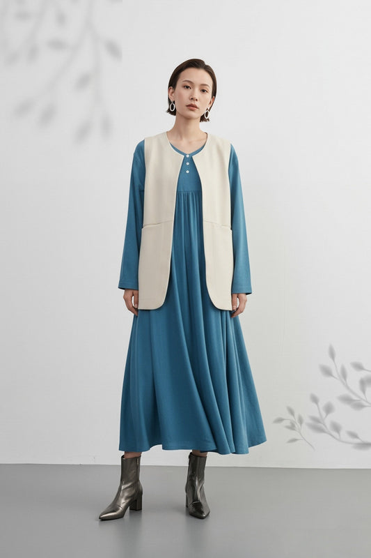 KNXO405-足さばきが良い・リネンMIX長袖ワンピース・飾りボタンギャザーロング丈