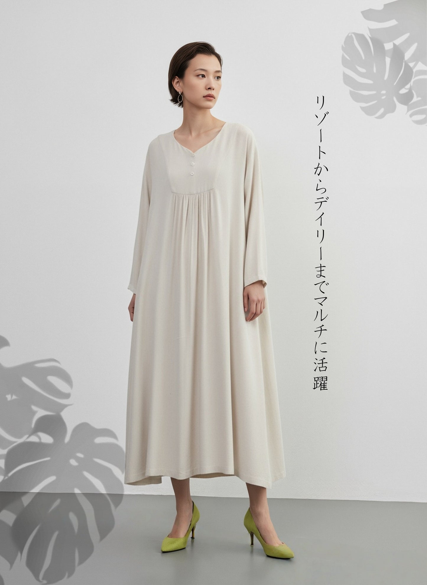 KNXO405-足さばきが良い・リネンMIX長袖ワンピース・飾りボタンギャザーロング丈