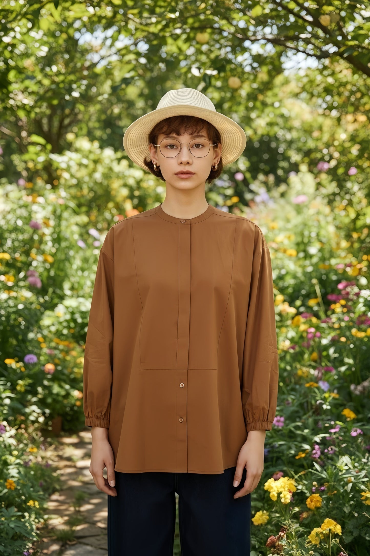 KNNC306・綿100％ボタンがかくれんぼフライプラケット長袖シャツブラウス　