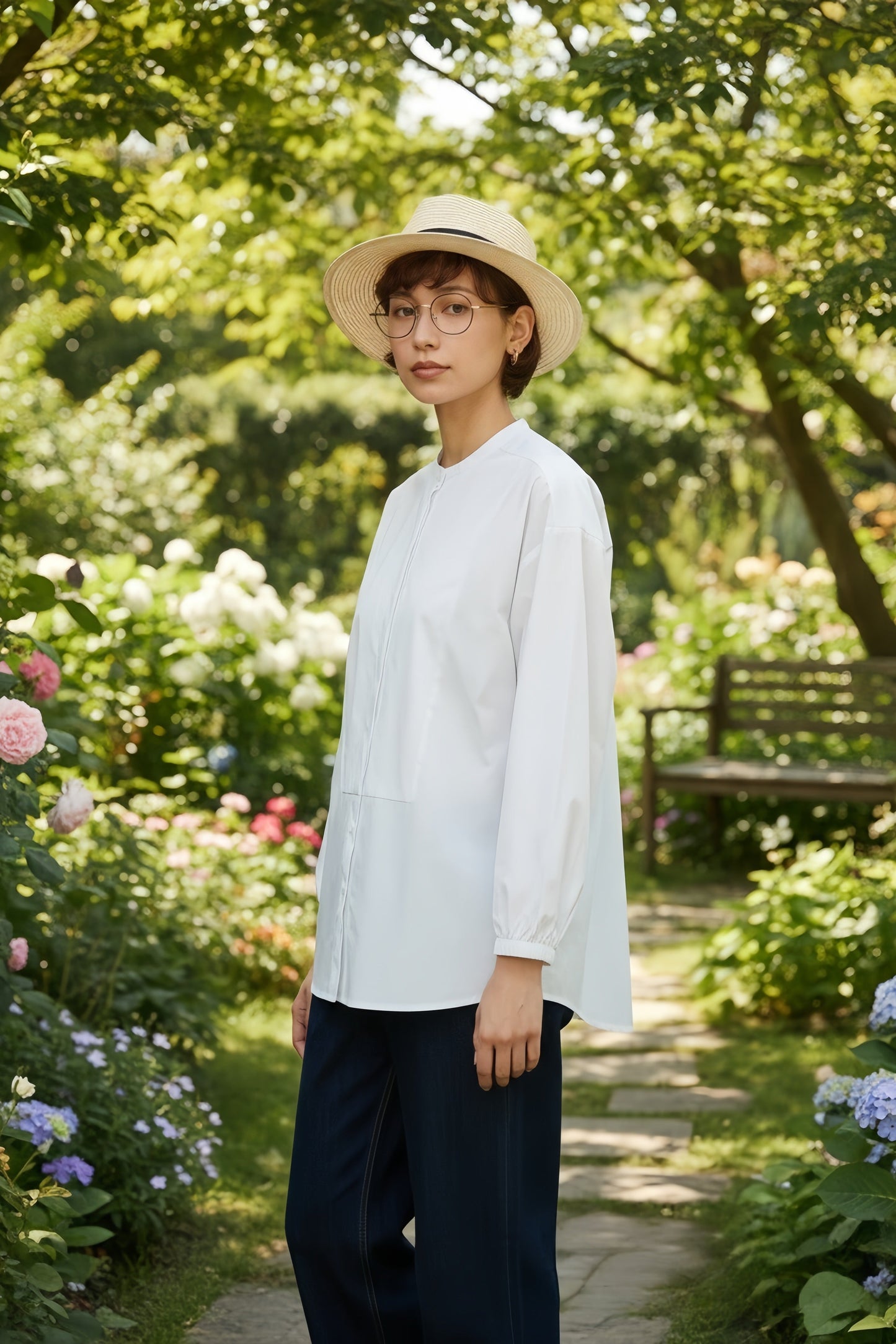 KNNC306・綿100％ボタンがかくれんぼフライプラケット長袖シャツブラウス　