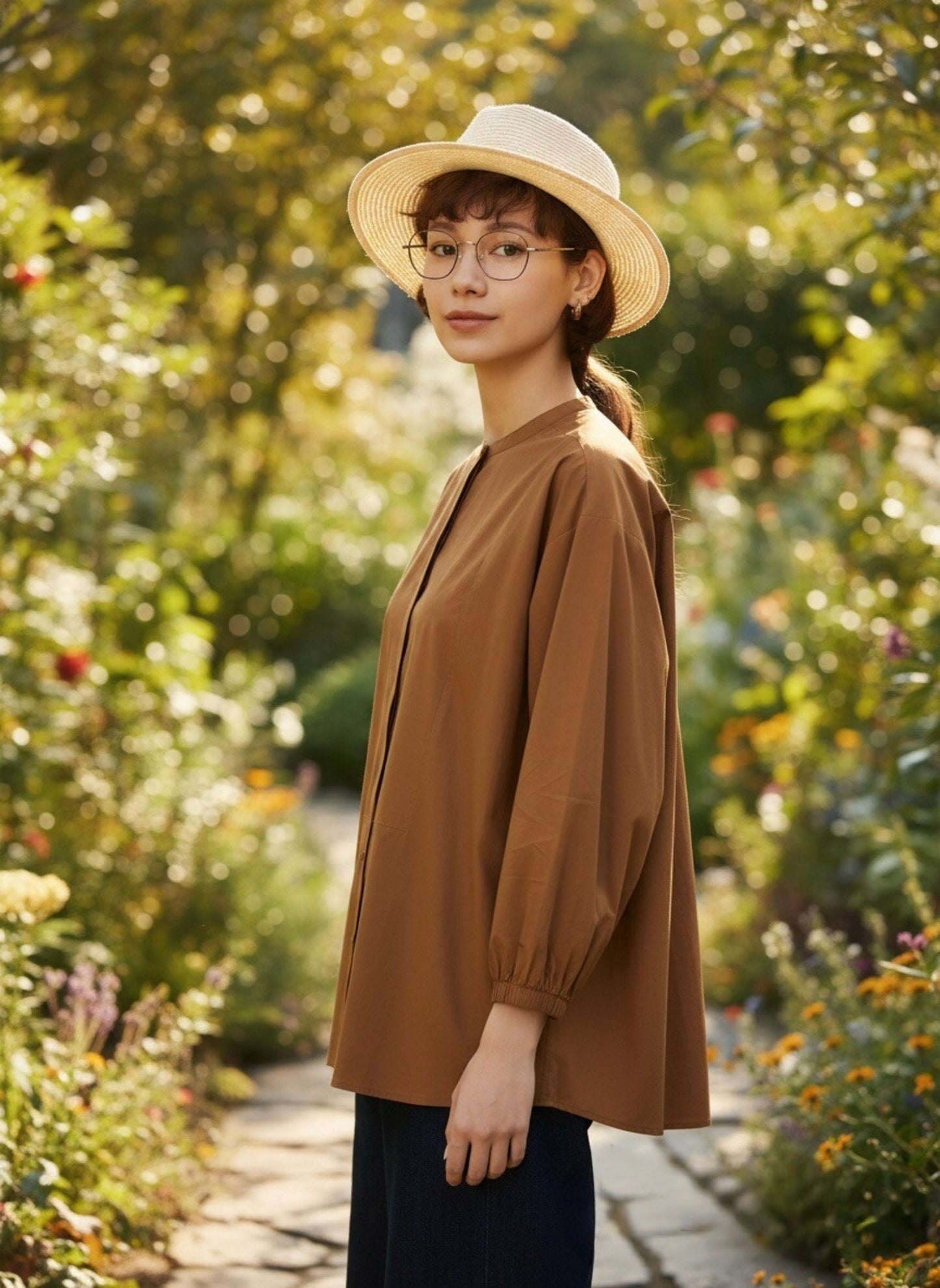 KNNC306・綿100％ボタンがかくれんぼフライプラケット長袖シャツブラウス　