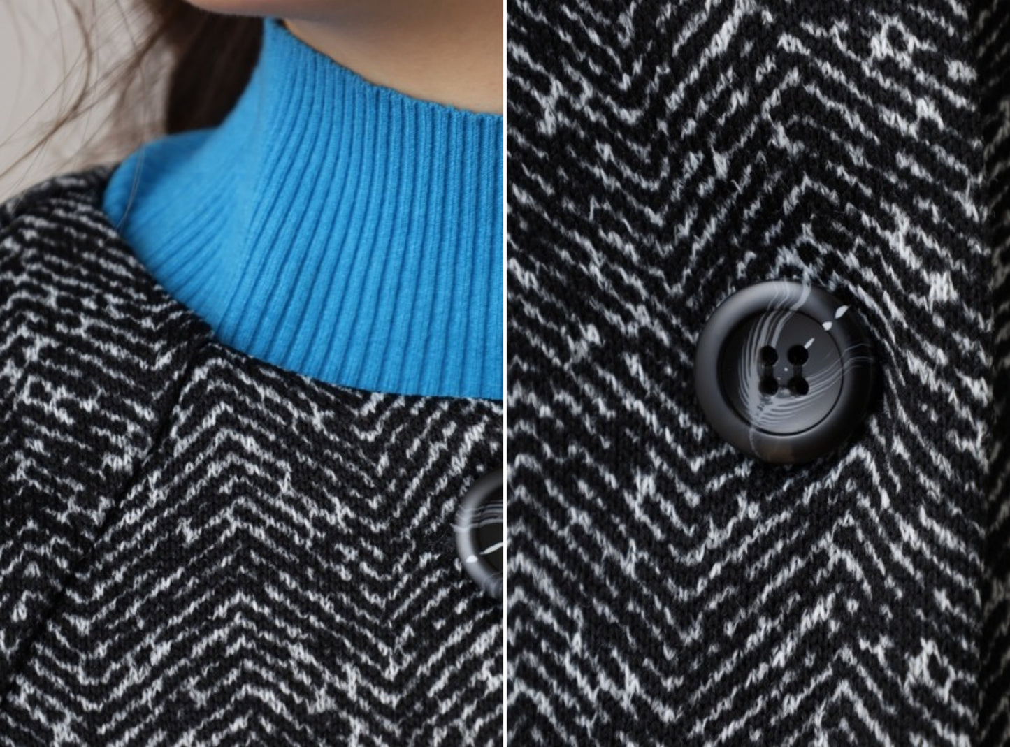 KNR644・ヘリンボーン柄裏起毛ラウンドネックコート Aラインシルエット ポケット付きアウター