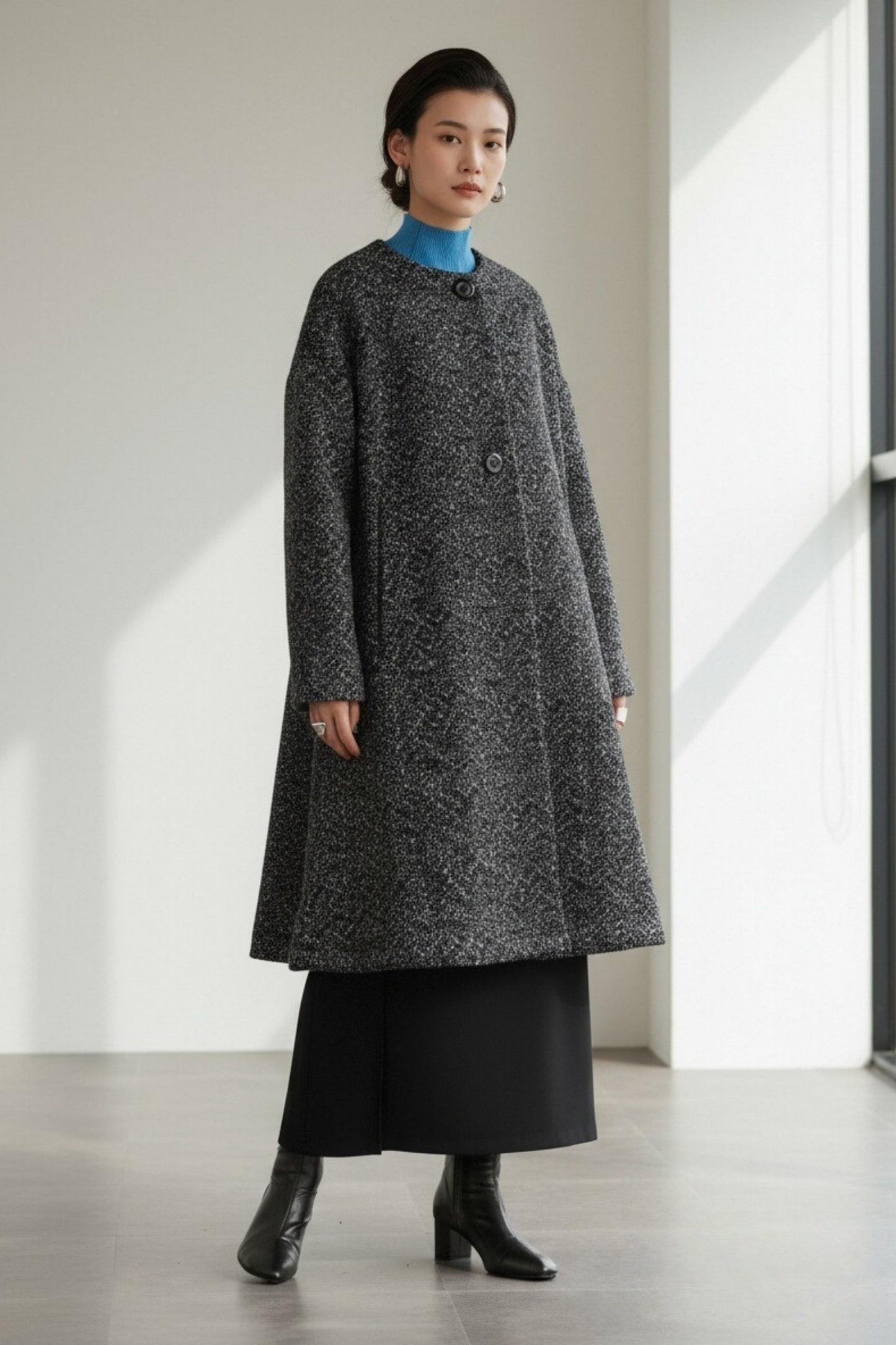 KNR644・ヘリンボーン柄裏起毛ラウンドネックコート Aラインシルエット ポケット付きアウター