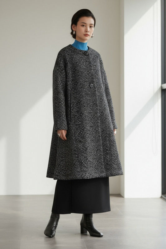 KNR644・ヘリンボーン柄裏起毛ラウンドネックコート Aラインシルエット ポケット付きアウター