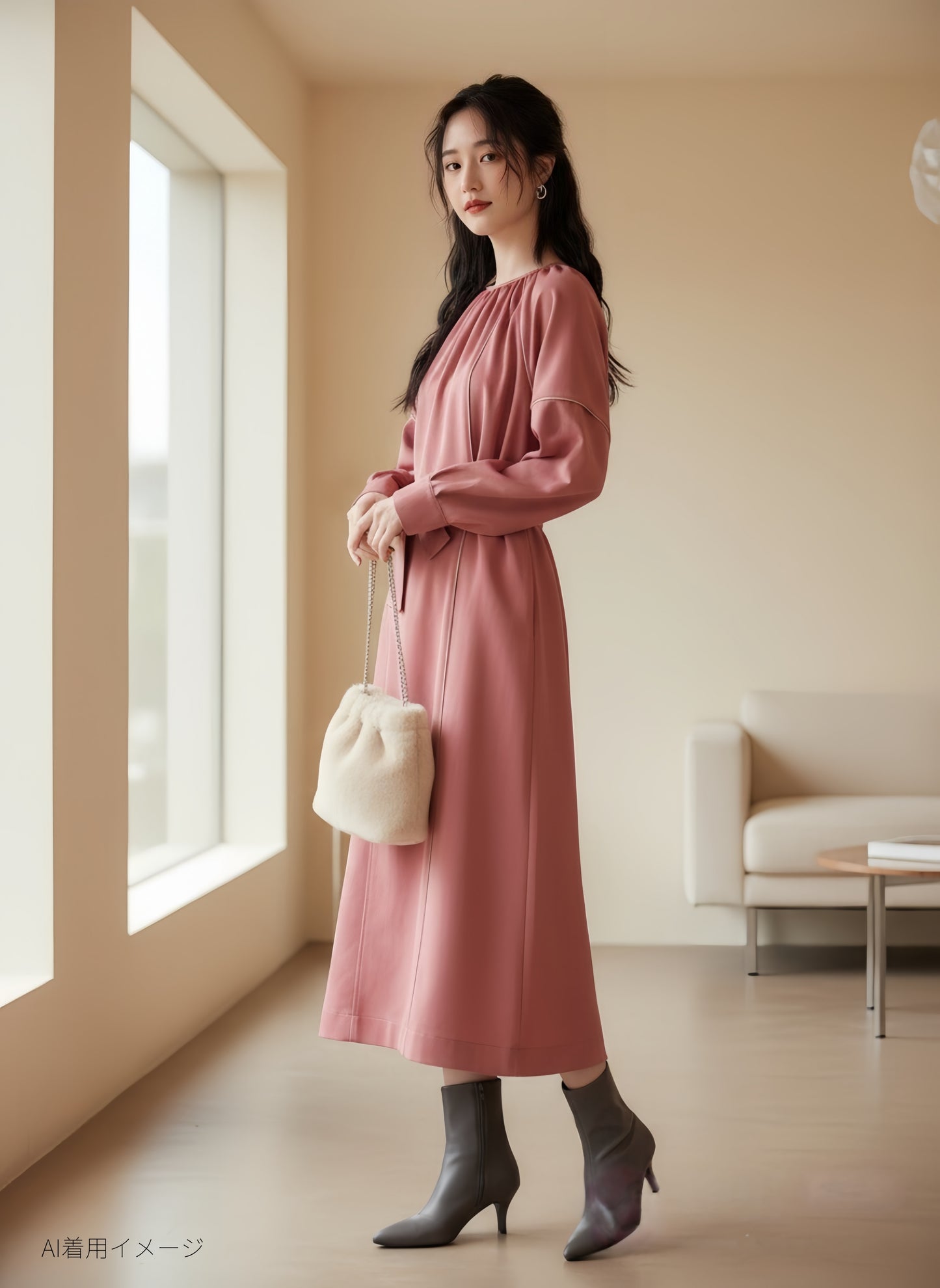KNSO339-RASPBERRY Piping detail belted long sleeve gathered dress