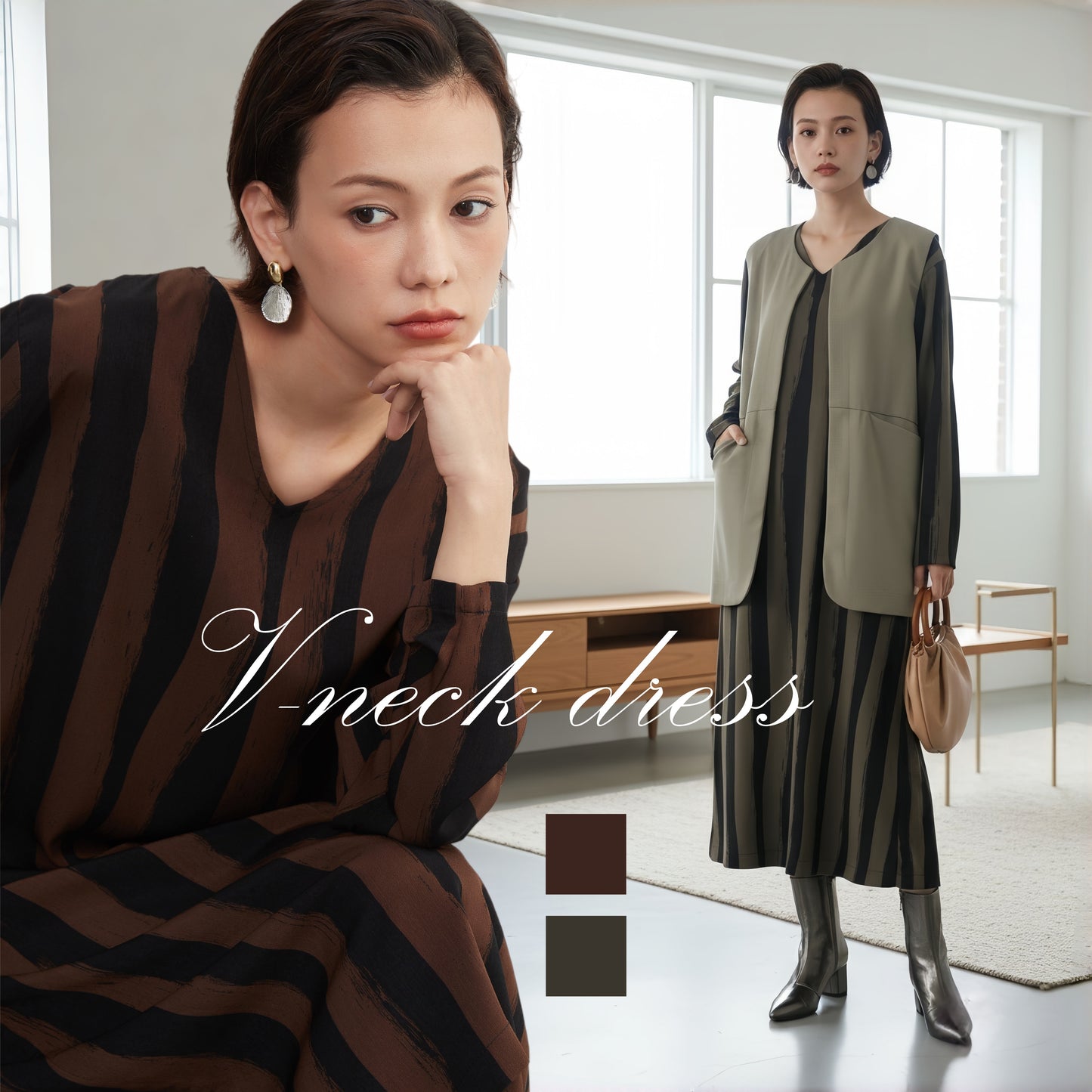 KNXO406-太ストライプバイカラー・Vネック長袖ワンピース・一枚でシンプルクールに