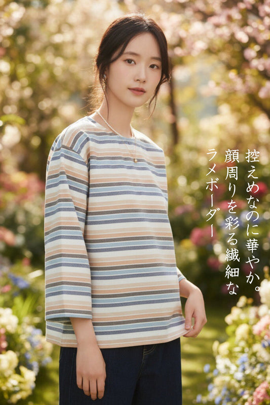 KNGC607・繊細ラメボーダーが光る綿混9分袖ブラウス