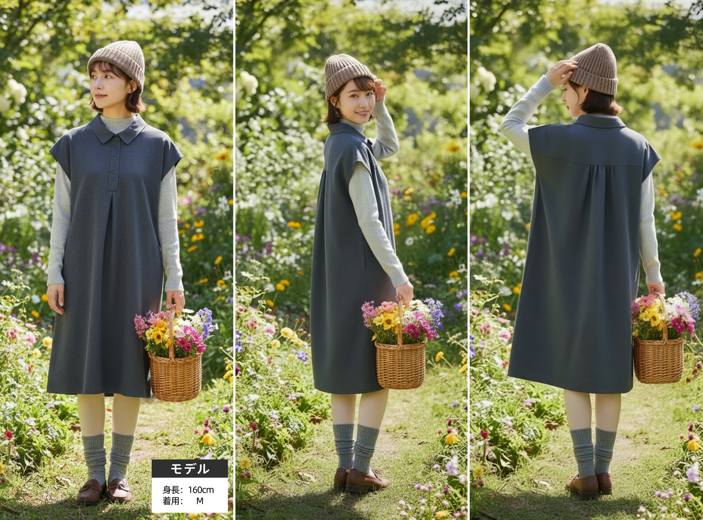 KNR656・多ボタンピーチスキンAラインタックチュニックワンピース