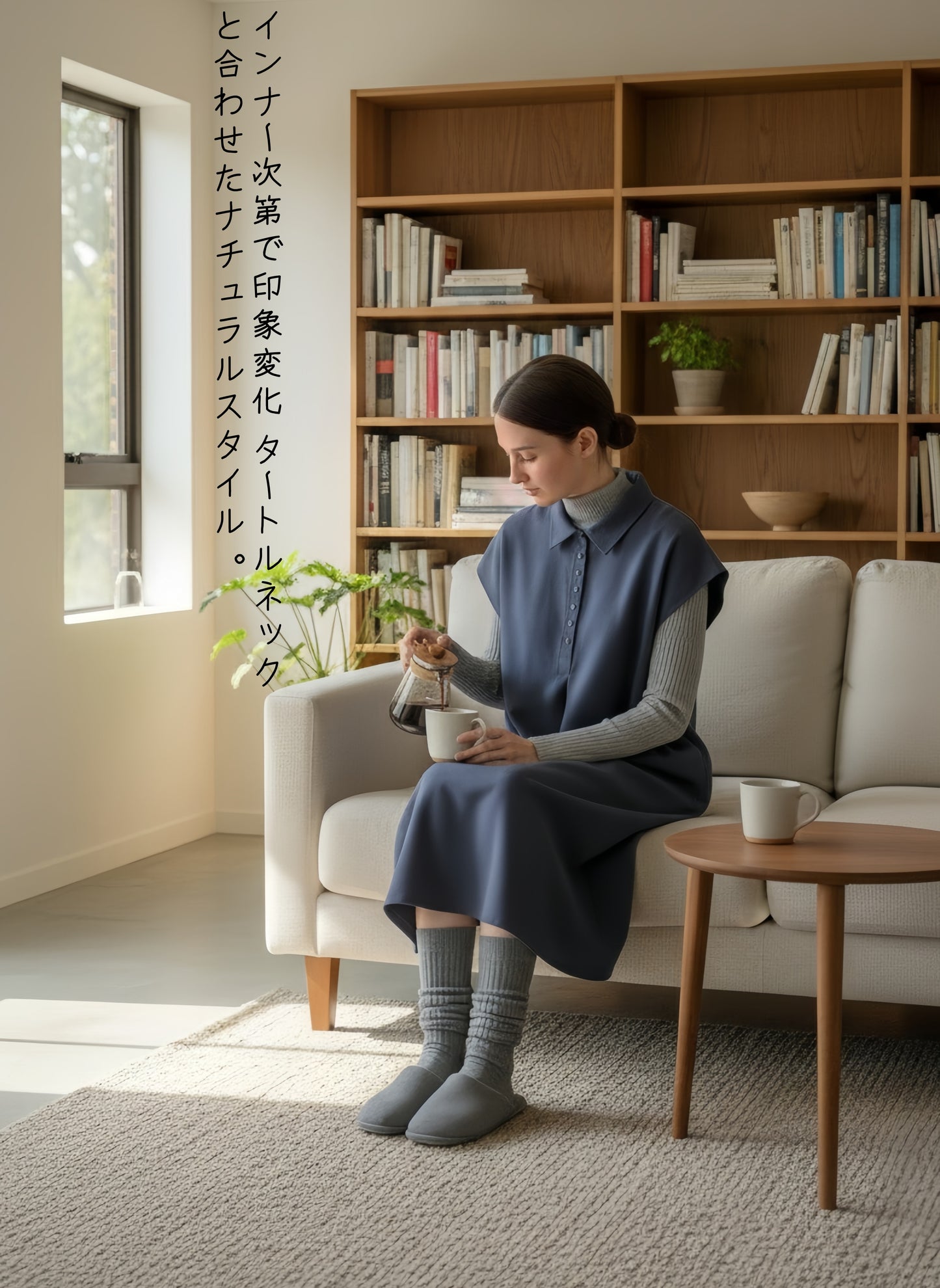 KNR656・多ボタンピーチスキンAラインタックチュニックワンピース