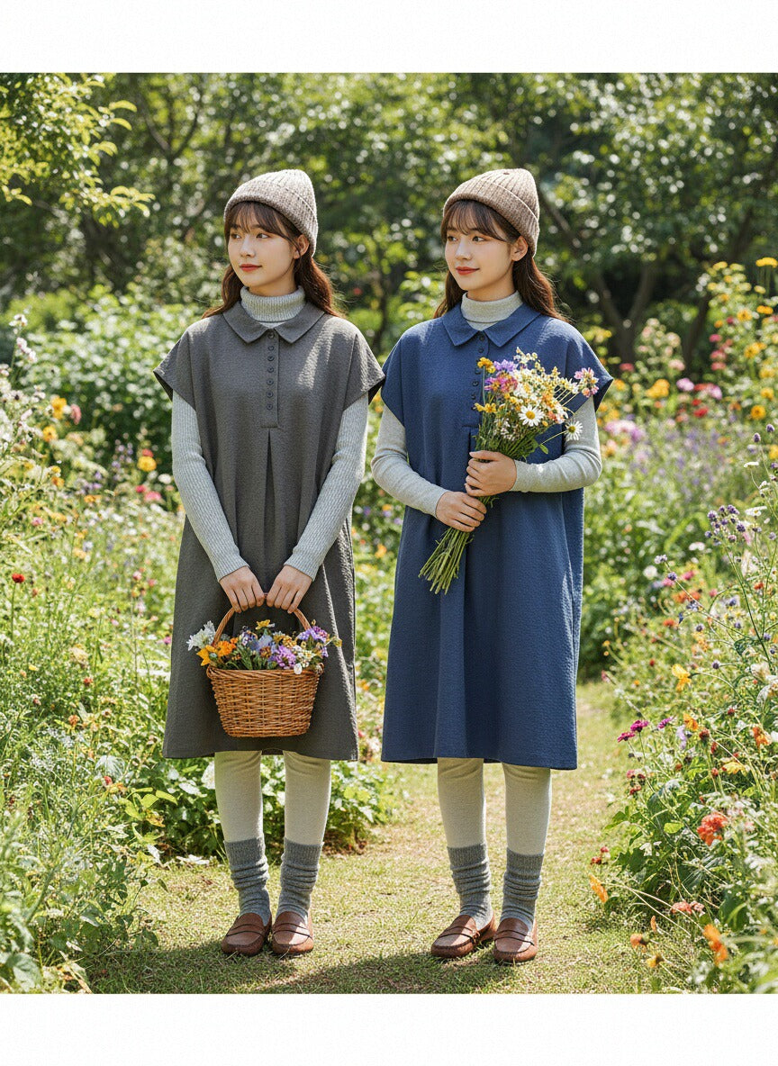 KNR656・多ボタンピーチスキンAラインタックチュニックワンピース