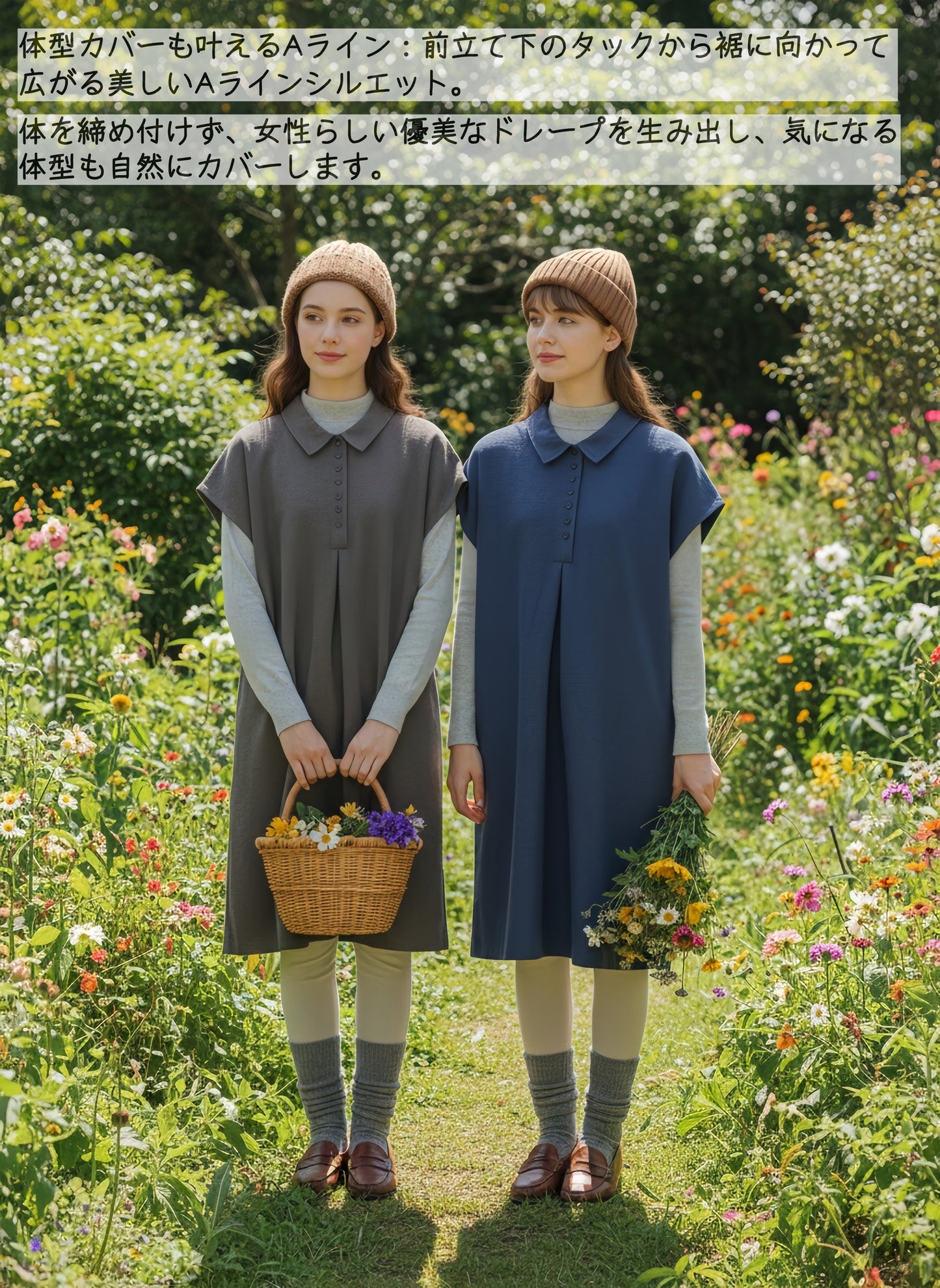 KNR656・多ボタンピーチスキンAラインタックチュニックワンピース