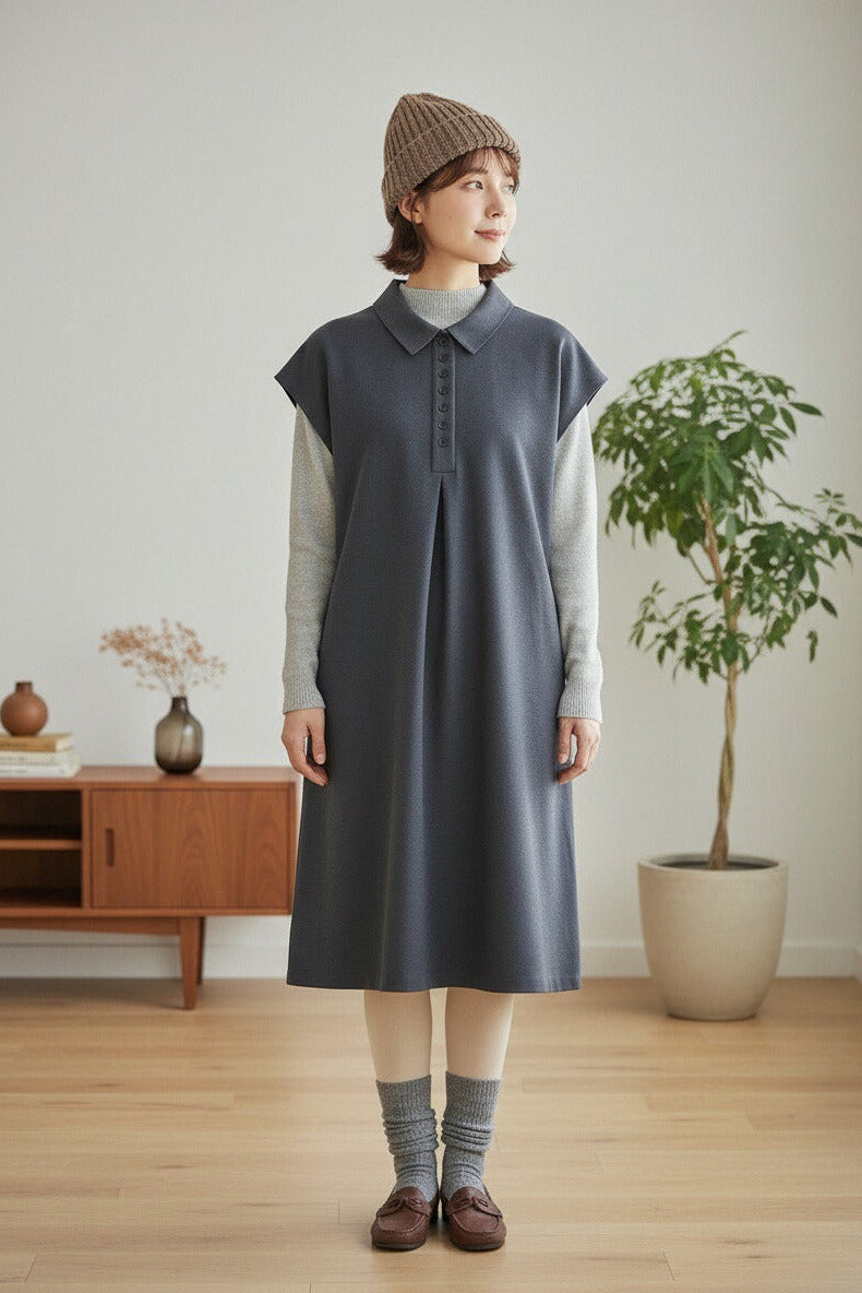 KNR656・多ボタンピーチスキンAラインタックチュニックワンピース