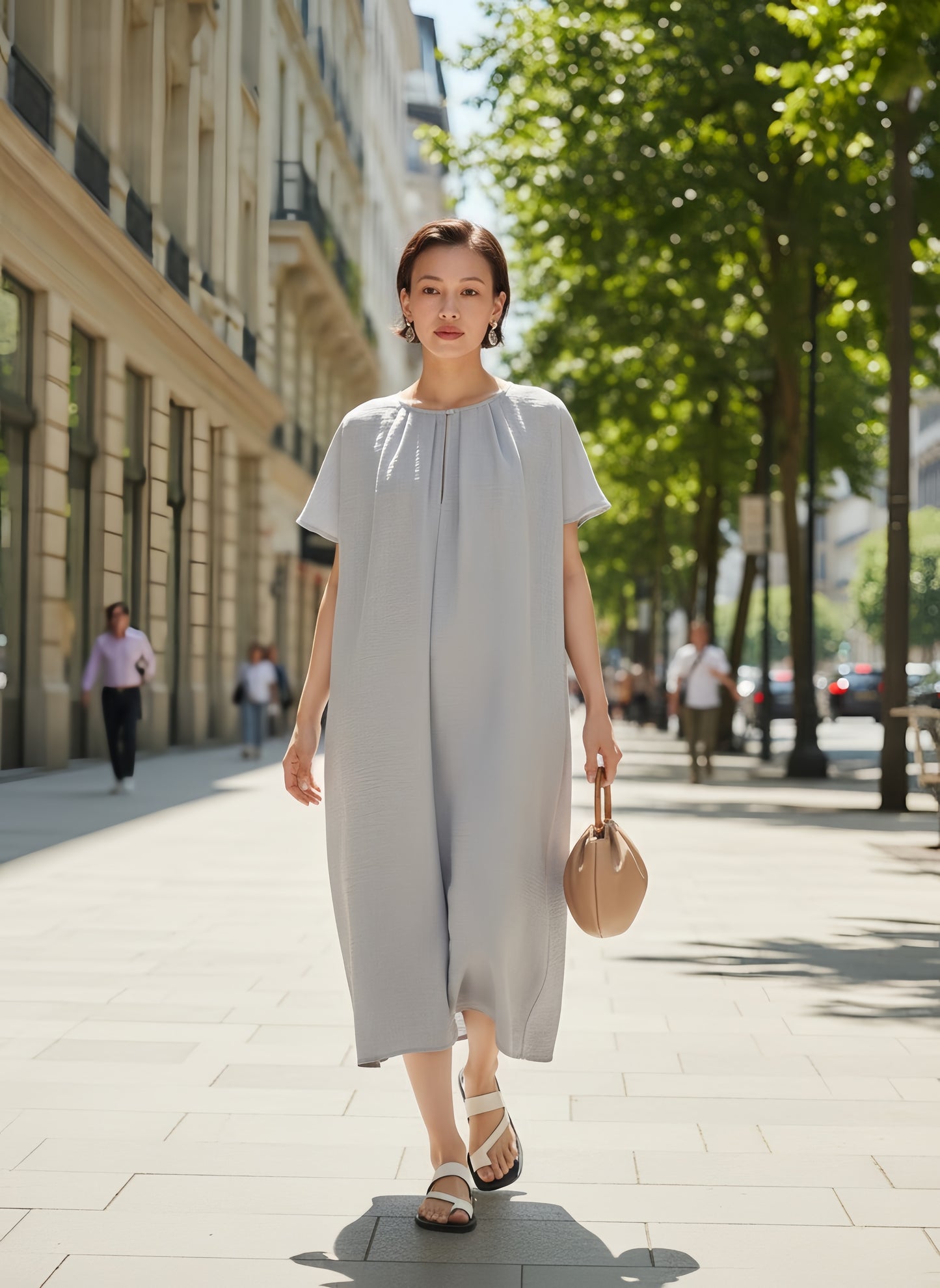 KNXO404-半袖タックワンピース・ゆとりシルエット・前開きライン入り素材ワンピ