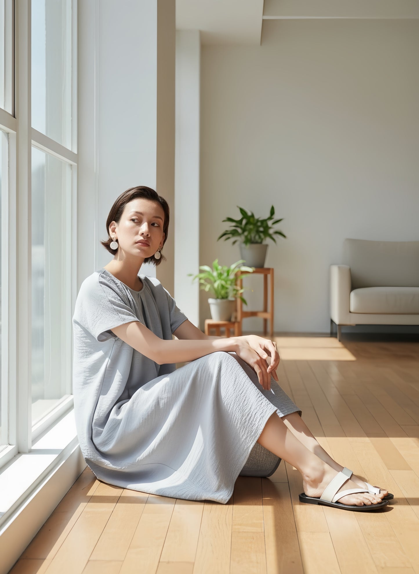 KNXO404-半袖タックワンピース・ゆとりシルエット・前開きライン入り素材ワンピ