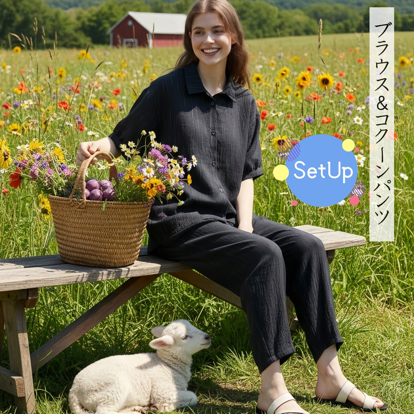 かすれストライプセットアップ・シワ感素材・ブラウスとコクーンパンツのらくちんコーデ-KNXC432/433