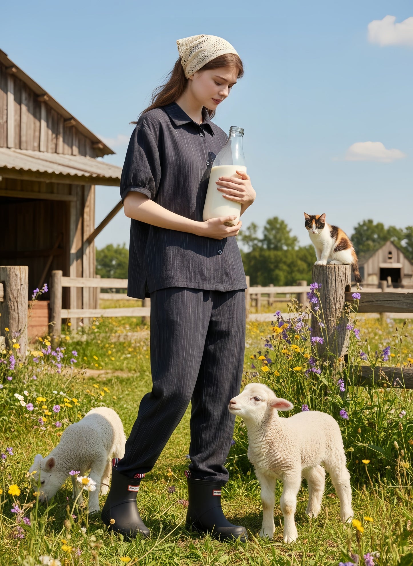 かすれストライプセットアップ・シワ感素材・ブラウスとコクーンパンツのらくちんコーデ-KNXC432/433