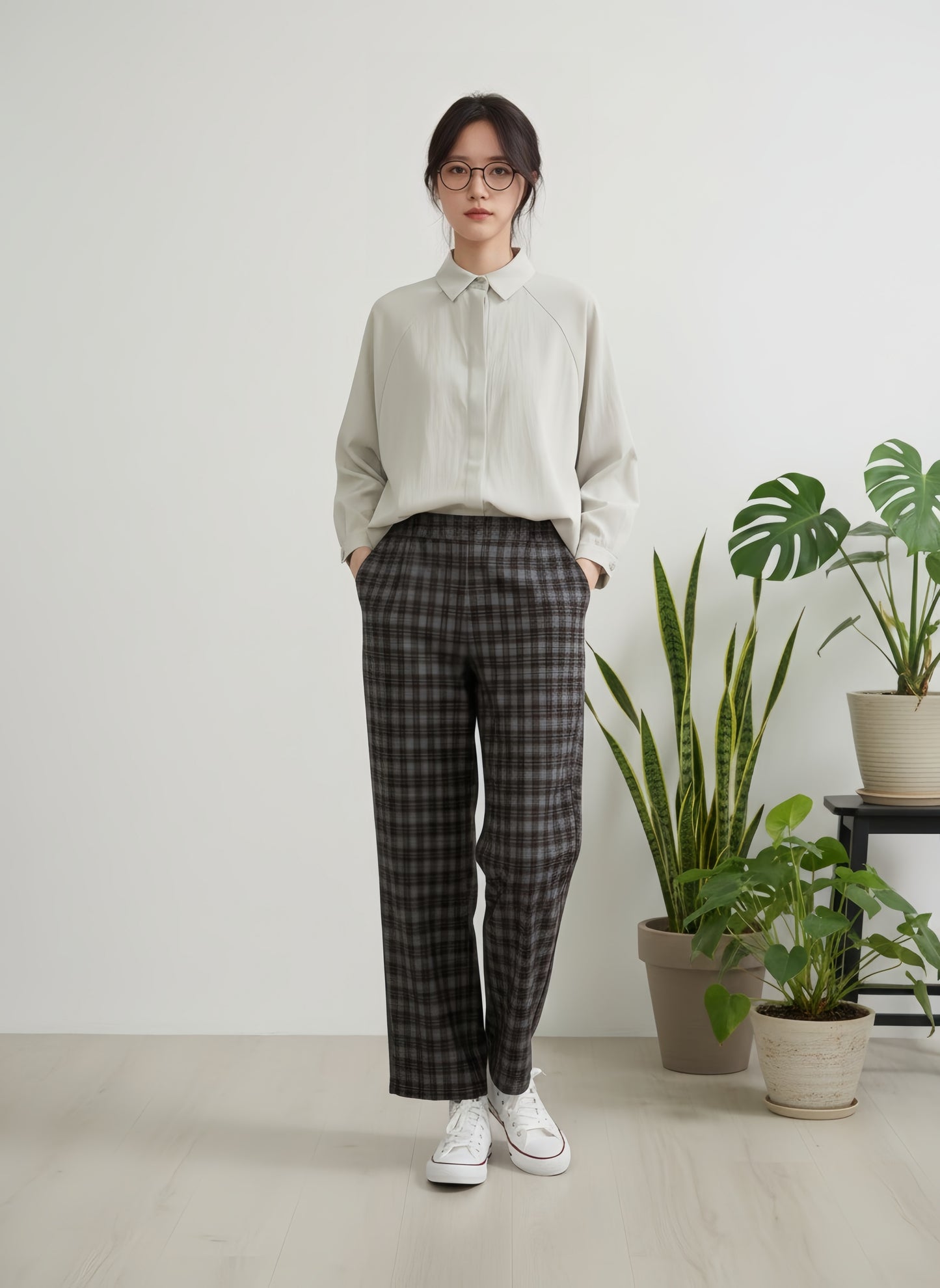 KNR663・チェックジャガードカットソーストレートパンツ