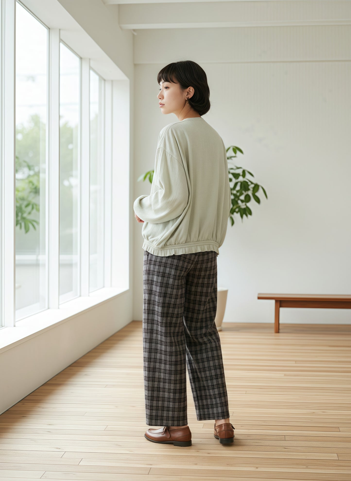 KNR663・チェックジャガードカットソーストレートパンツ