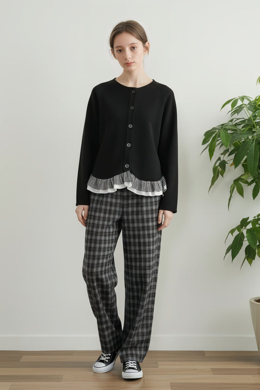 KNR663・チェックジャガードカットソーストレートパンツ