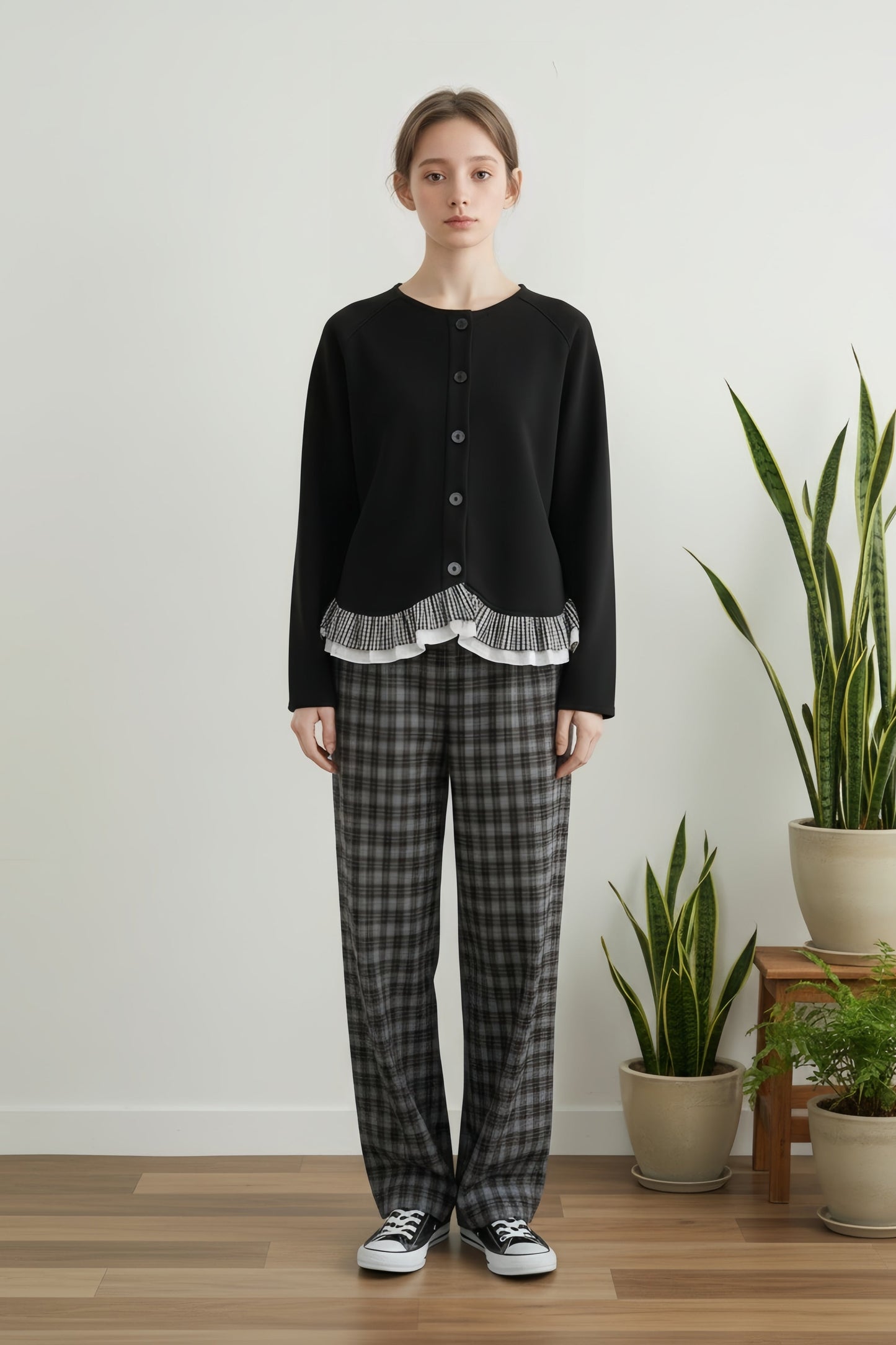 KNR663・チェックジャガードカットソーストレートパンツ
